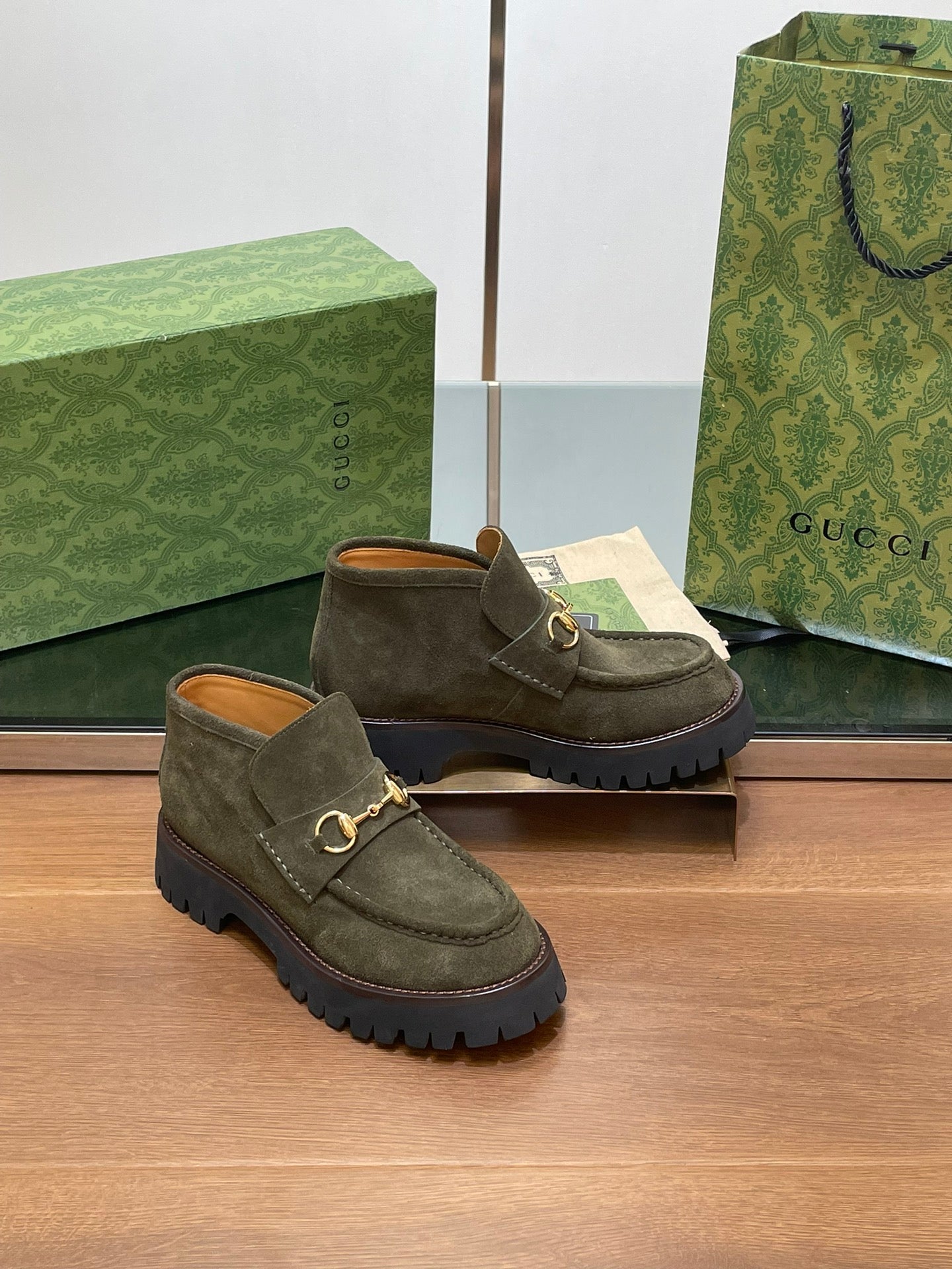 GUCCI WOMEN'S HORSEBIT ANKLE BOOTS 4.5CM IN KHAKI GREEN SUEDE