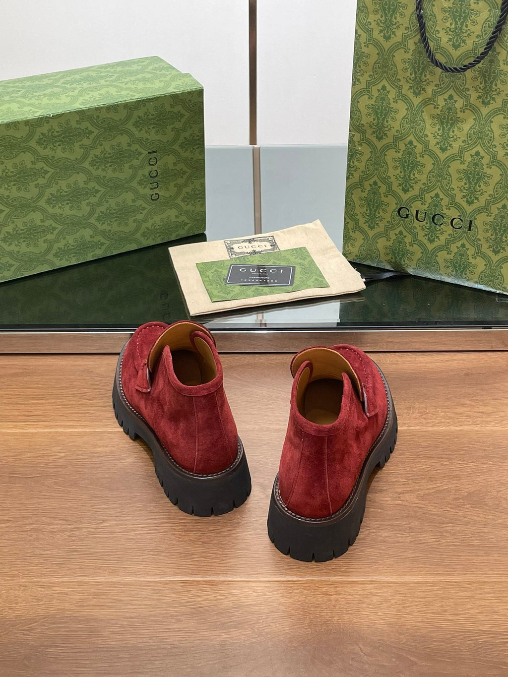 GUCCI WOMEN'S HORSEBIT ANKLE BOOTS 4.5CM IN RED SUEDE
