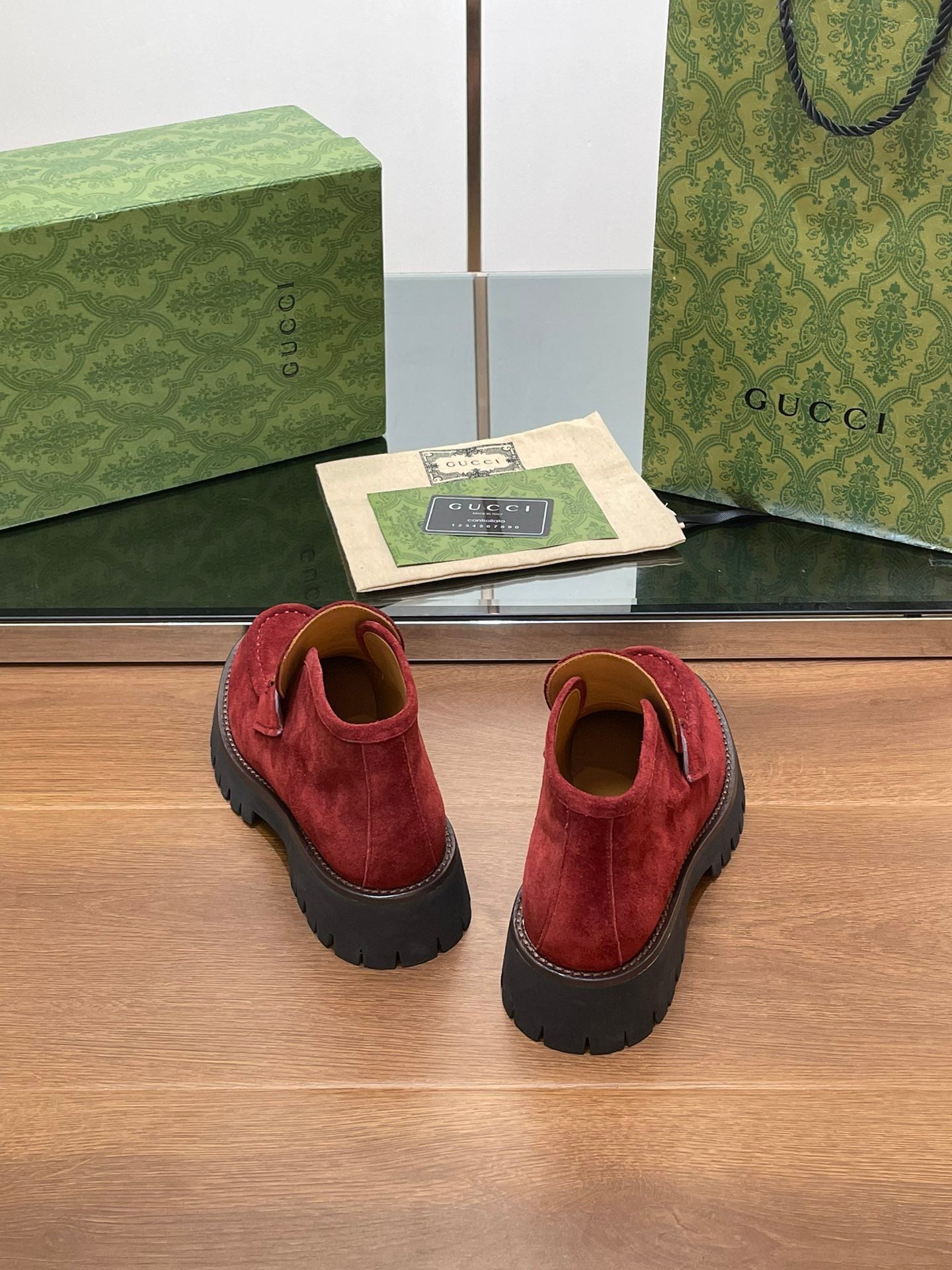 GUCCI WOMEN'S HORSEBIT ANKLE BOOTS 4.5CM IN RED SUEDE