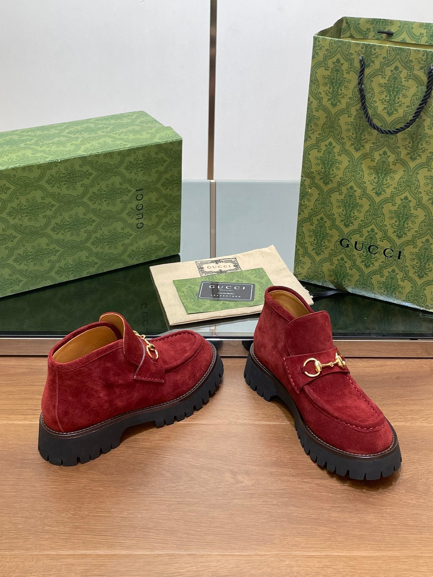 GUCCI WOMEN'S HORSEBIT ANKLE BOOTS 4.5CM IN RED SUEDE
