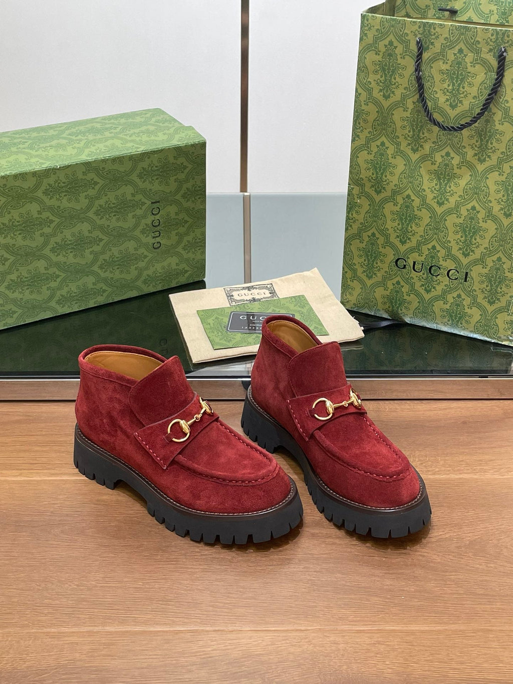 GUCCI WOMEN'S HORSEBIT ANKLE BOOTS 4.5CM IN RED SUEDE