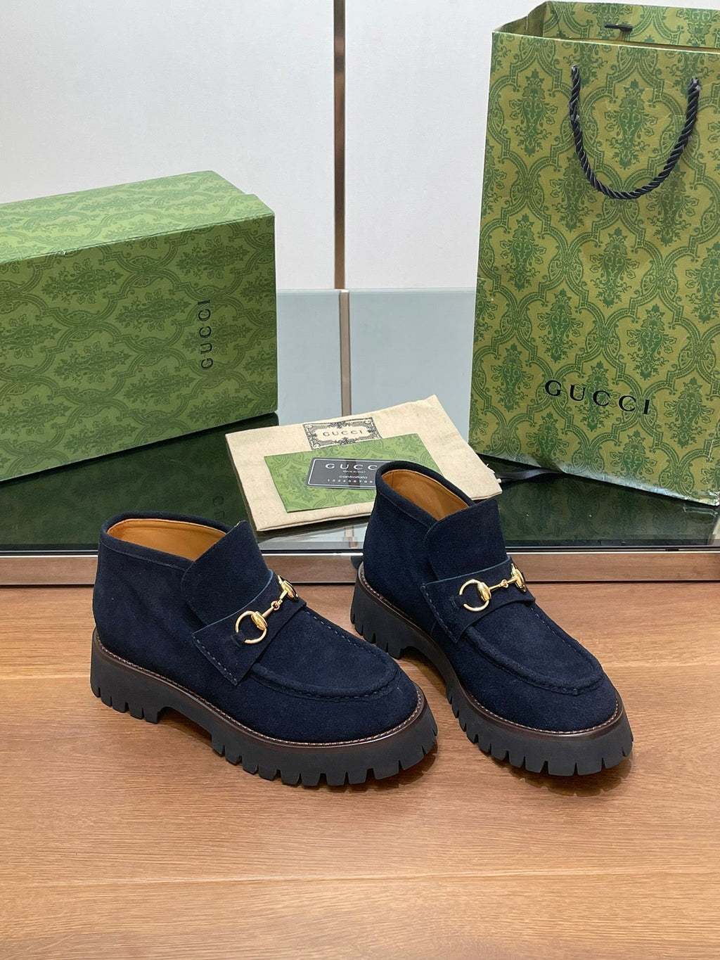 GUCCI WOMEN'S HORSEBIT ANKLE BOOTS 4.5CM IN NAVY BLUE SUEDE