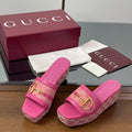 GUCCI HIGH 6.3 CM WEDGE SANDALS IN PINK CALFSKIN AND FABRIC
