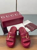 GUCCI HIGH 5.5 CM WEDGE SANDALS IN RED CALFSKIN AND FABRIC