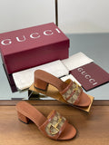 GUCCI HIGH HEEL MULE 5.5 CM IN BROWN CALFSKIN MIX FABRIC AND GOLD HARDWARE