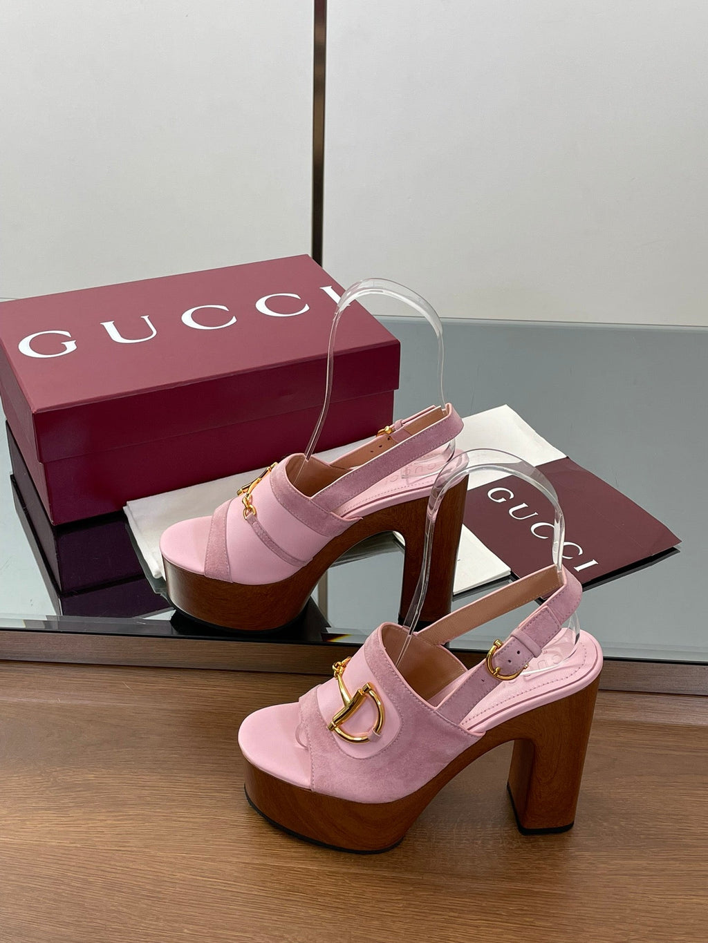 GUCCI HIGH HEEL SANDALS 13 CM IN PINK CALFSKIN MIX SUEDUE GOLD HARDWARE