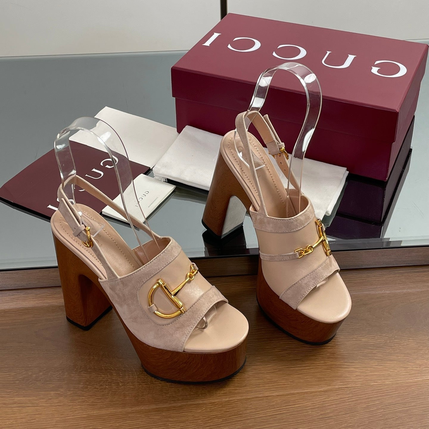 GUCCI HIGH HEEL SANDALS 13 CM IN BEIGE CALFSKIN MIX SUEDUE GOLD HARDWARE
