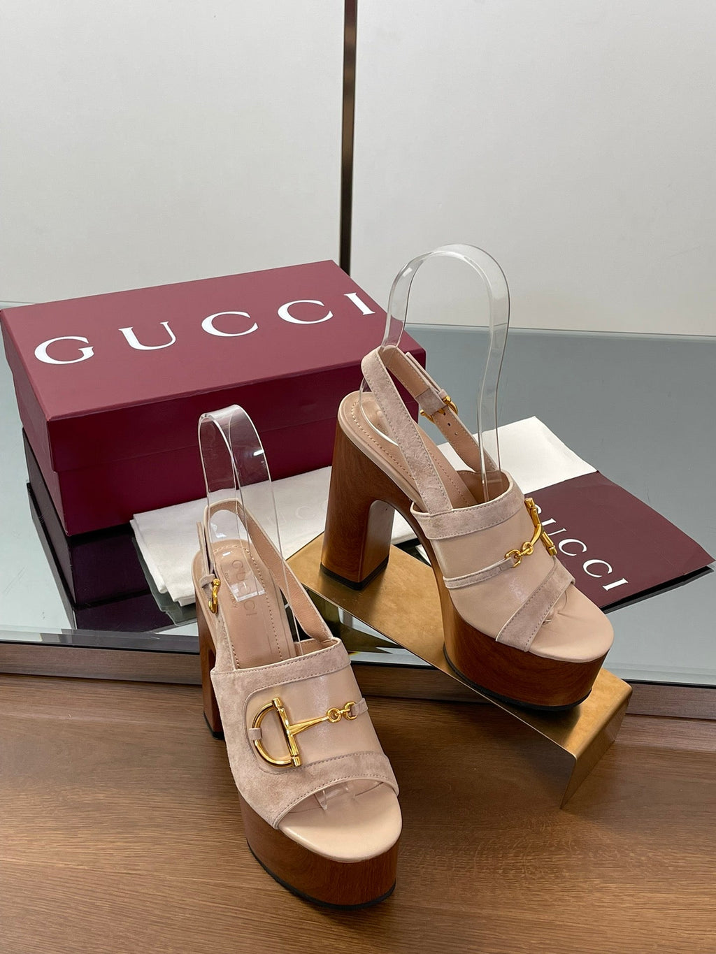GUCCI HIGH HEEL SANDALS 13 CM IN BEIGE CALFSKIN MIX SUEDUE GOLD HARDWARE