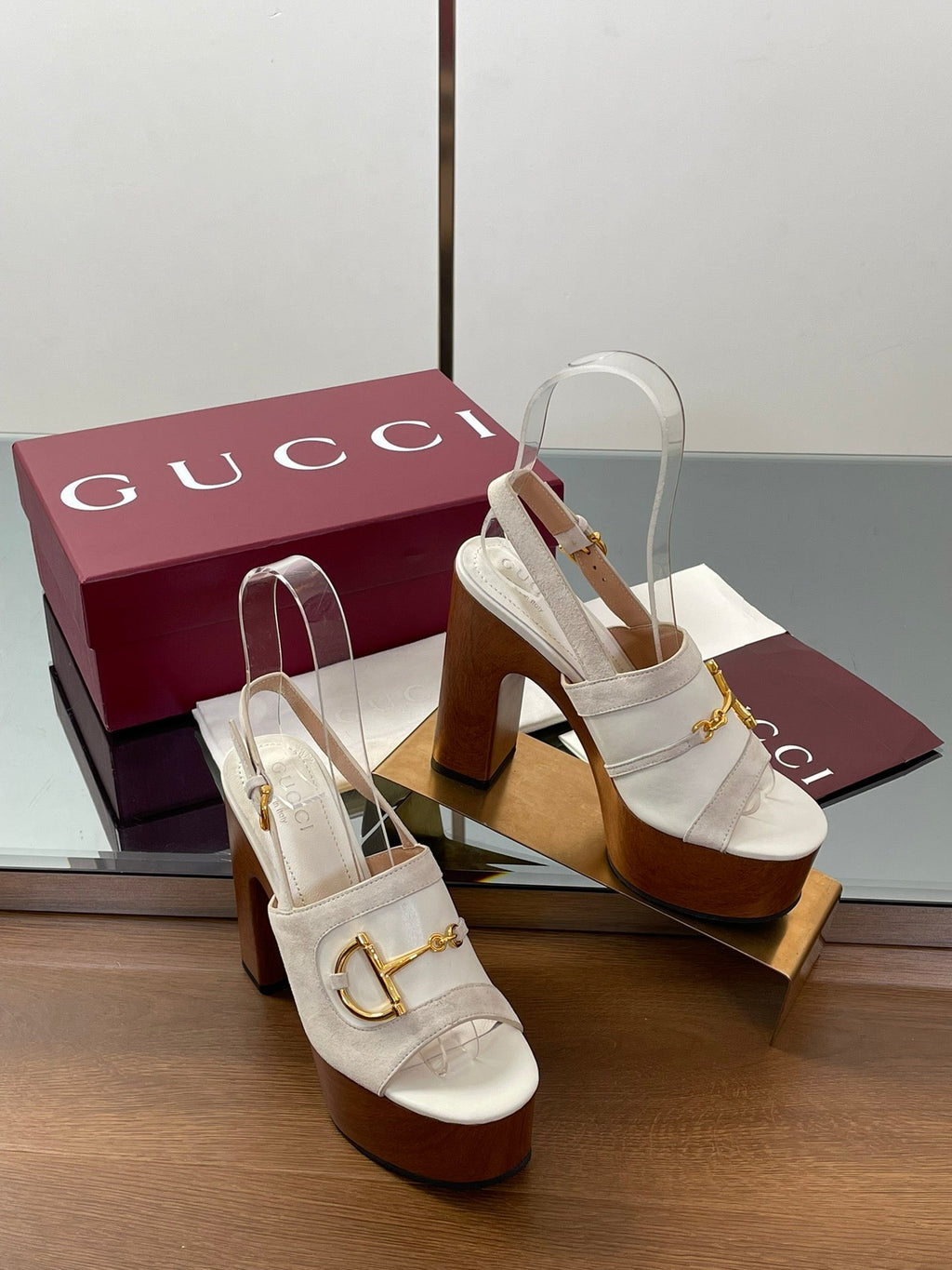 GUCCI HIGH HEEL SANDALS 13 CM IN CREAM WHITE CALFSKIN MIX SUEDUE GOLD HARDWARE