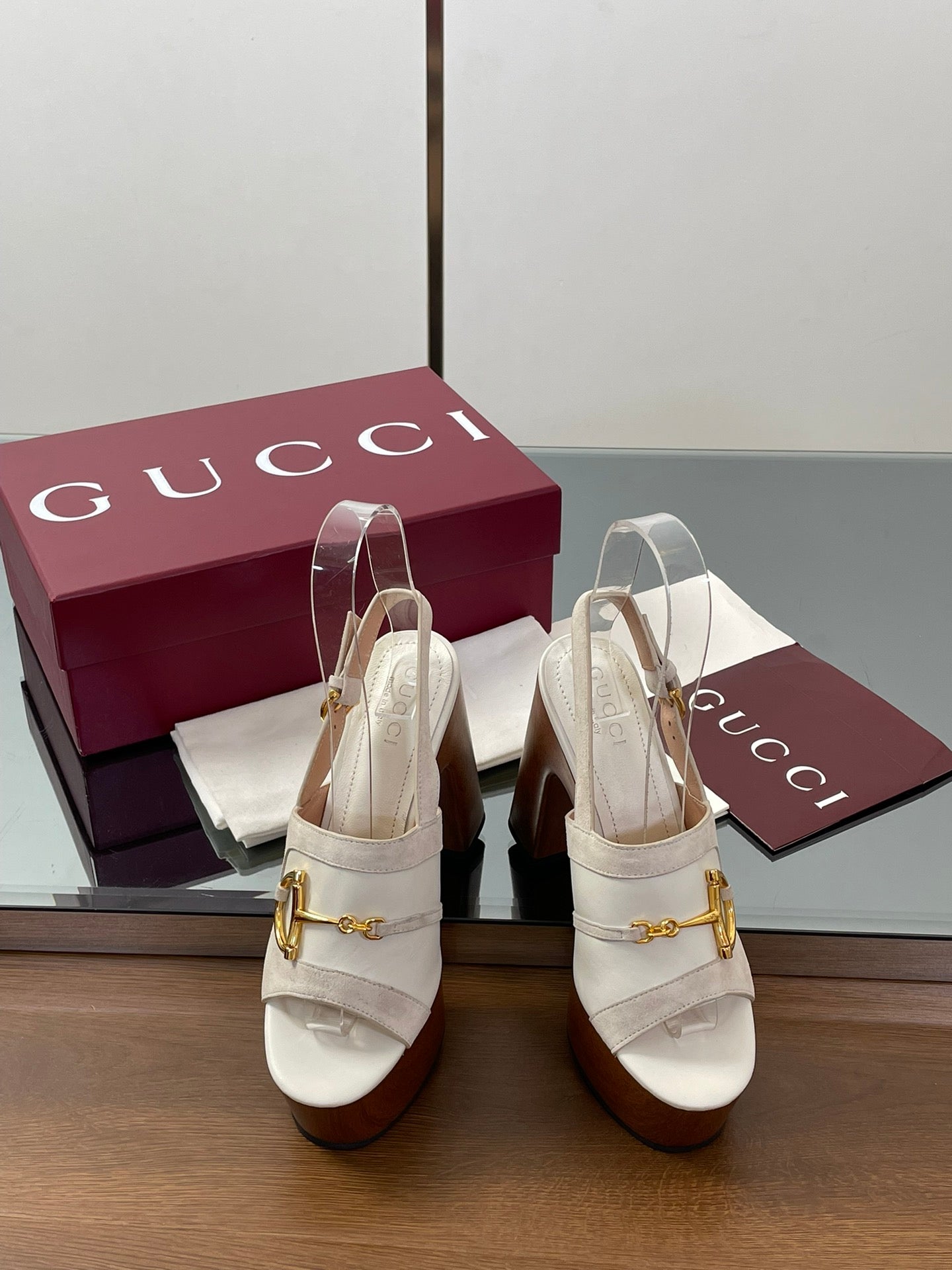 GUCCI HIGH HEEL SANDALS 13 CM IN CREAM WHITE CALFSKIN MIX SUEDUE GOLD HARDWARE