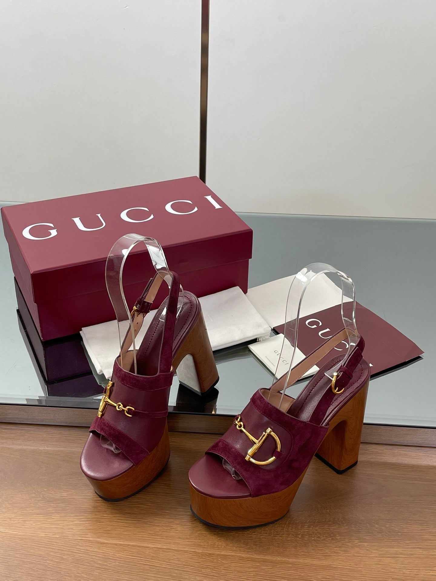 GUCCI HIGH HEEL SANDALS 13 CM IN DARK RED CALFSKIN MIX SUEDUE GOLD HARDWARE