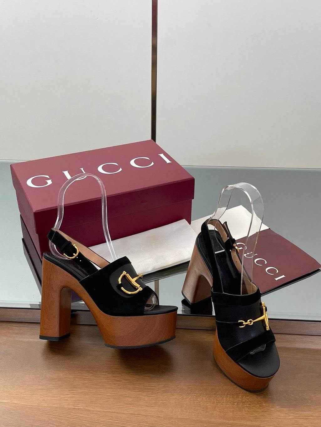GUCCI HIGH HEEL SANDALS 13 CM IN BLACK CALFSKIN MIX SUEDUE GOLD HARDWARE