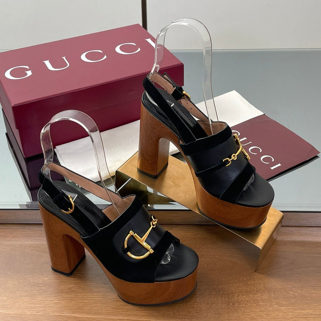 GUCCI HIGH HEEL SANDALS 13 CM IN BLACK CALFSKIN MIX SUEDUE GOLD HARDWARE