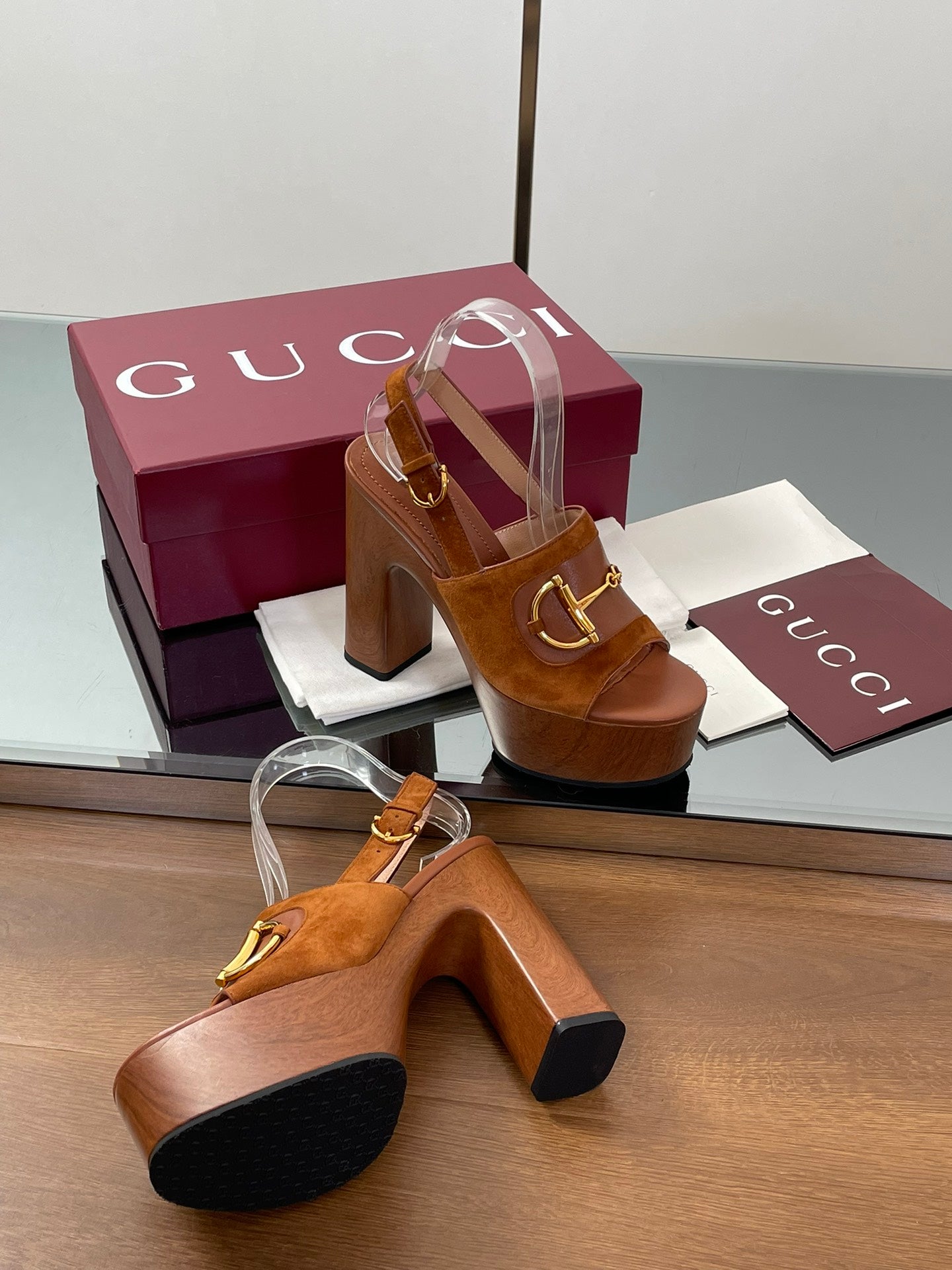 GUCCI HIGH HEEL SANDALS 13 CM IN BROWN CALFSKIN MIX SUEDUE GOLD HARDWARE