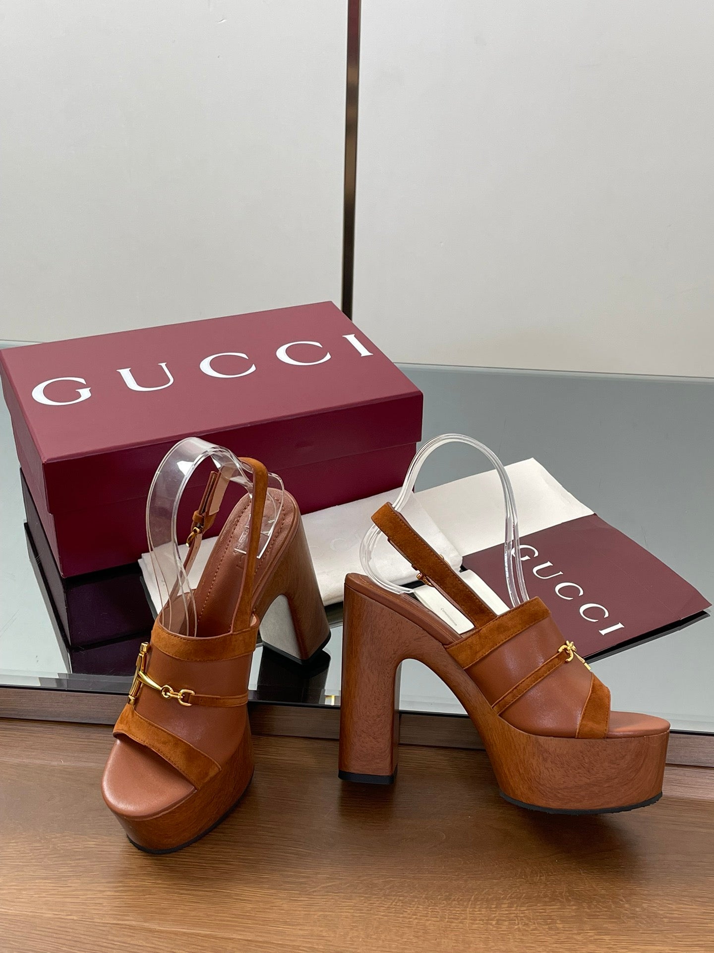 GUCCI HIGH HEEL SANDALS 13 CM IN BROWN CALFSKIN MIX SUEDUE GOLD HARDWARE