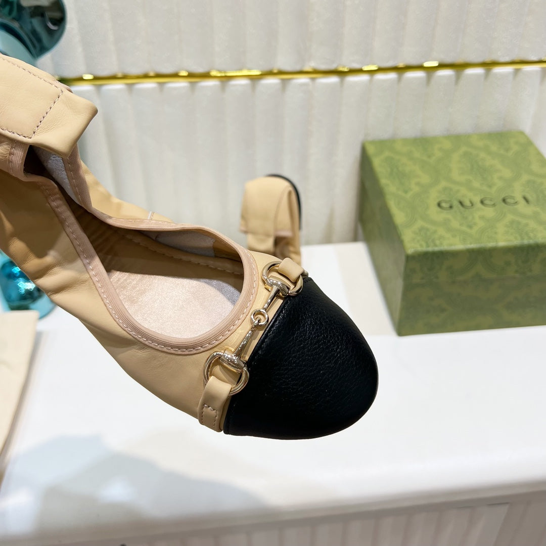 GUCCI BALLET SUPER SLIM BUCKLE BLACK AND CREAM LAMBSKIN