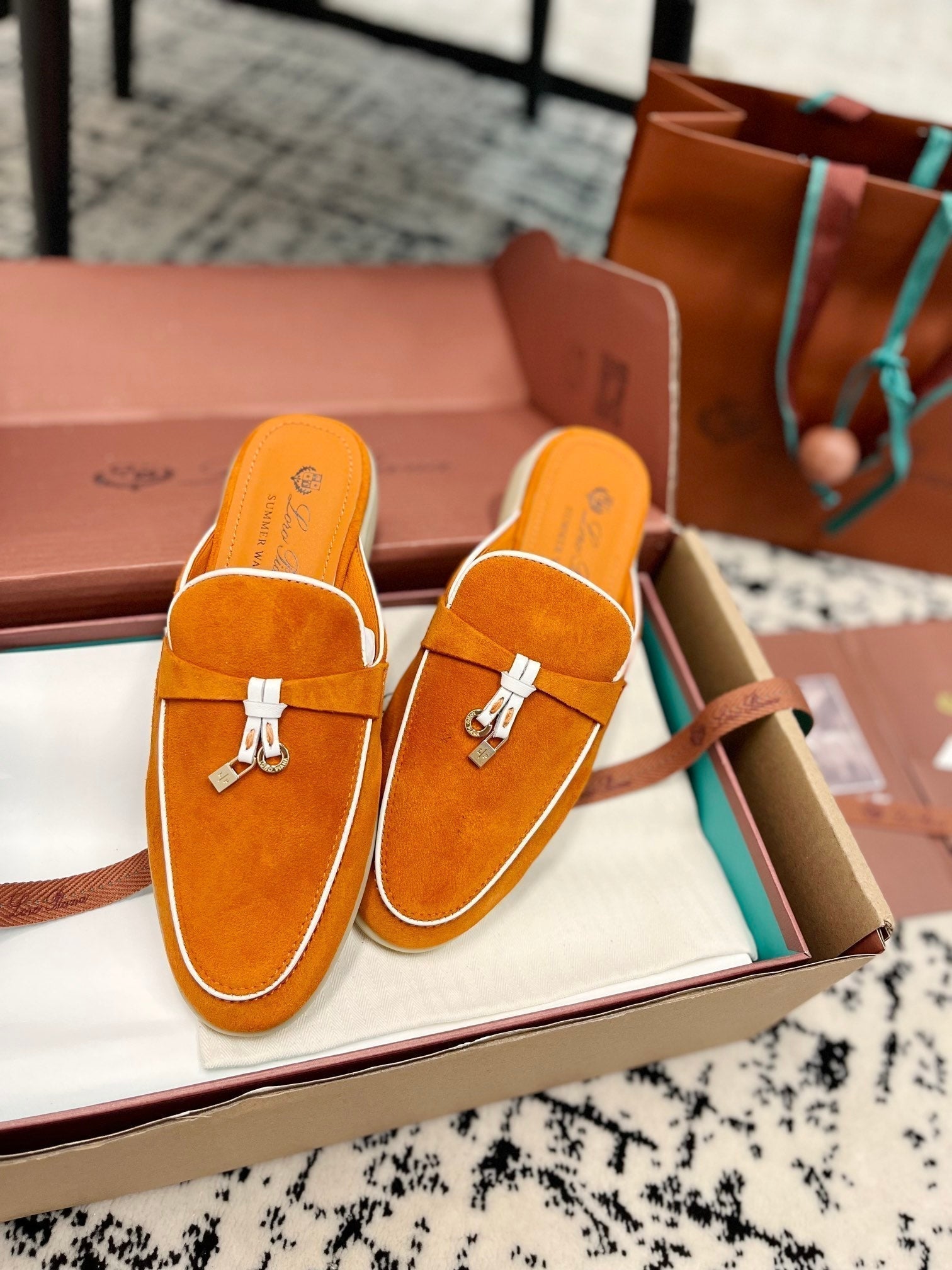 Loro Piana Carrot White Suede Charms Walk Flat Mules