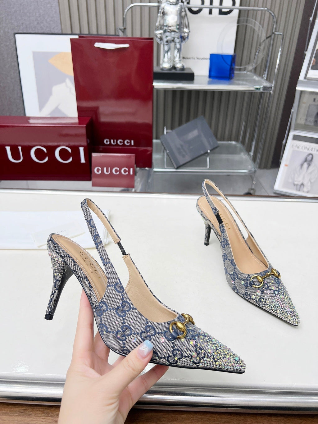 GUCCI HORSEBIT SLINGBACKS IN DOVE GRAY MONOGRAM FABRIC WITH CRYSTALS