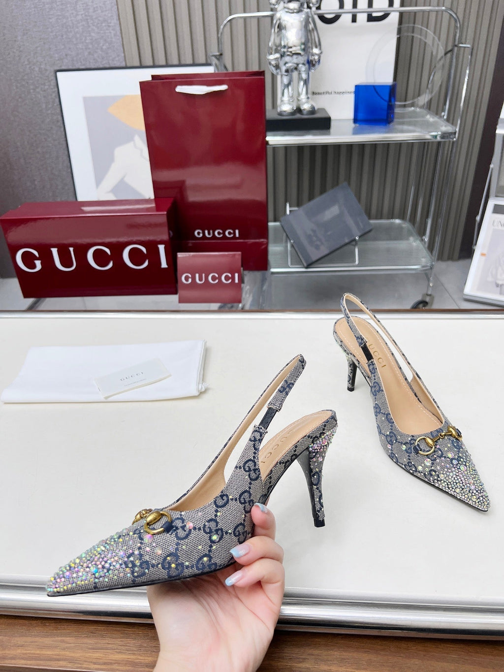 GUCCI HORSEBIT SLINGBACKS IN DOVE GRAY MONOGRAM FABRIC WITH CRYSTALS