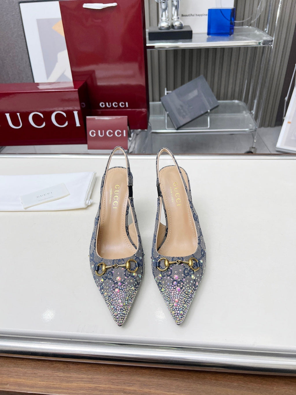 GUCCI HORSEBIT SLINGBACKS IN DOVE GRAY MONOGRAM FABRIC WITH CRYSTALS