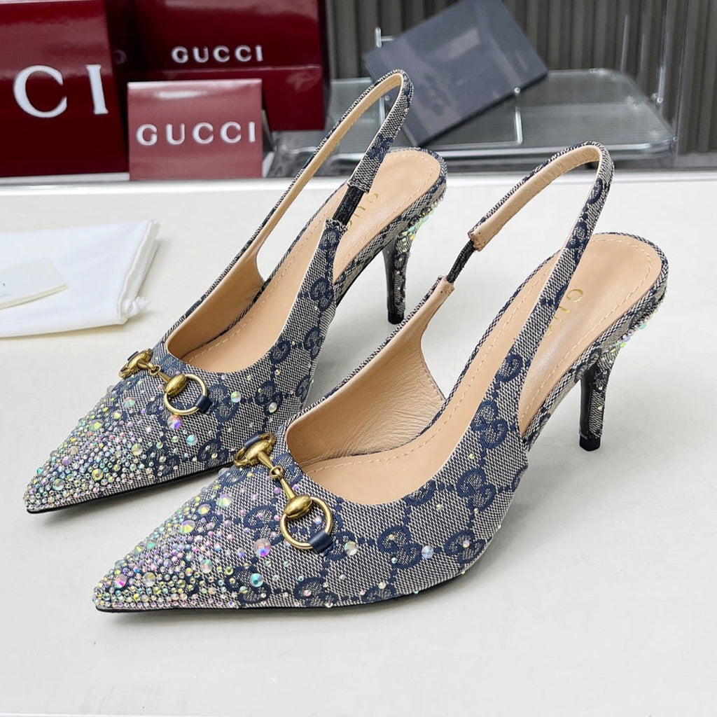 GUCCI HORSEBIT SLINGBACKS IN DOVE GRAY MONOGRAM FABRIC WITH CRYSTALS