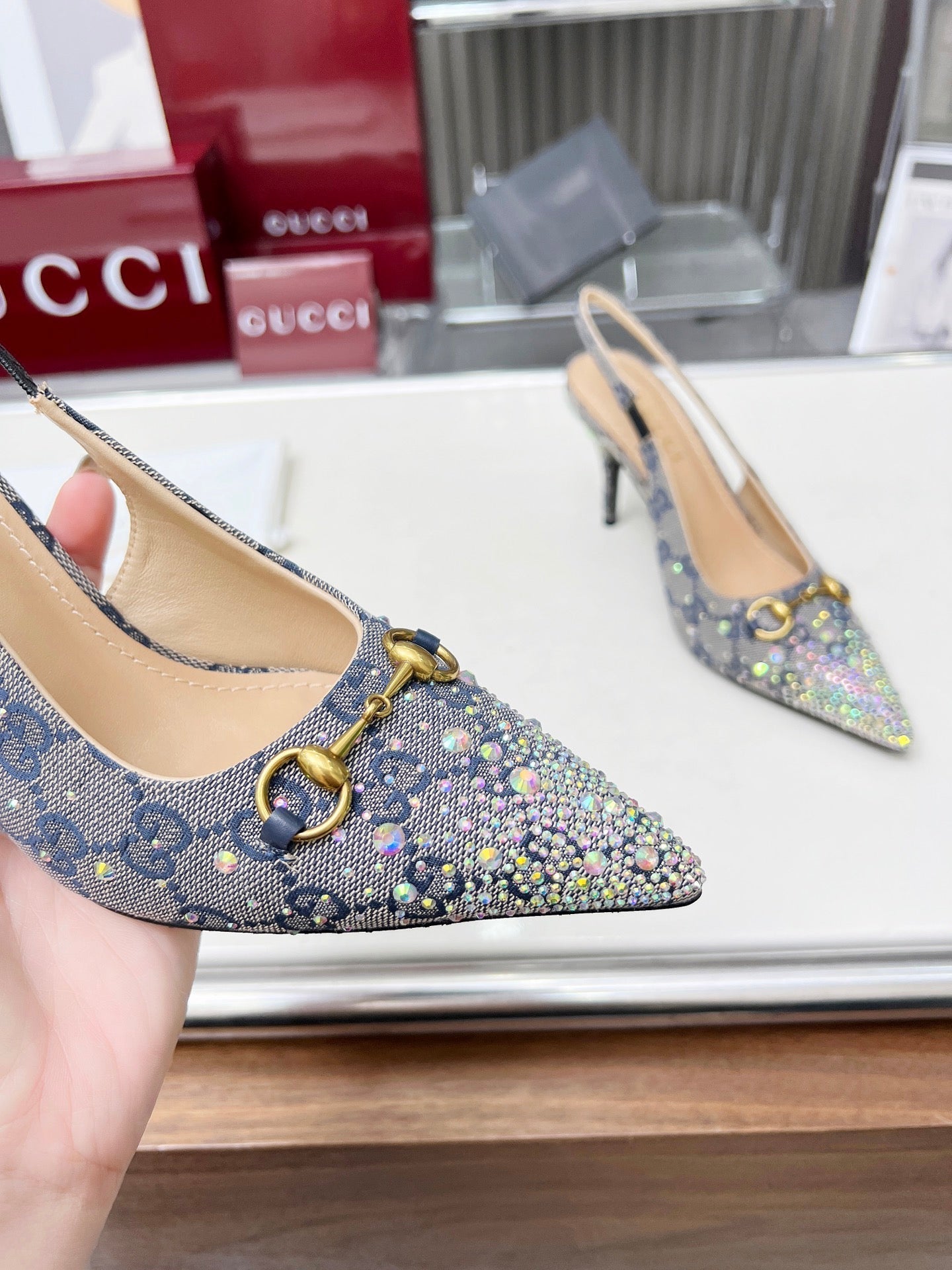 GUCCI HORSEBIT SLINGBACKS IN DOVE GRAY MONOGRAM FABRIC WITH CRYSTALS