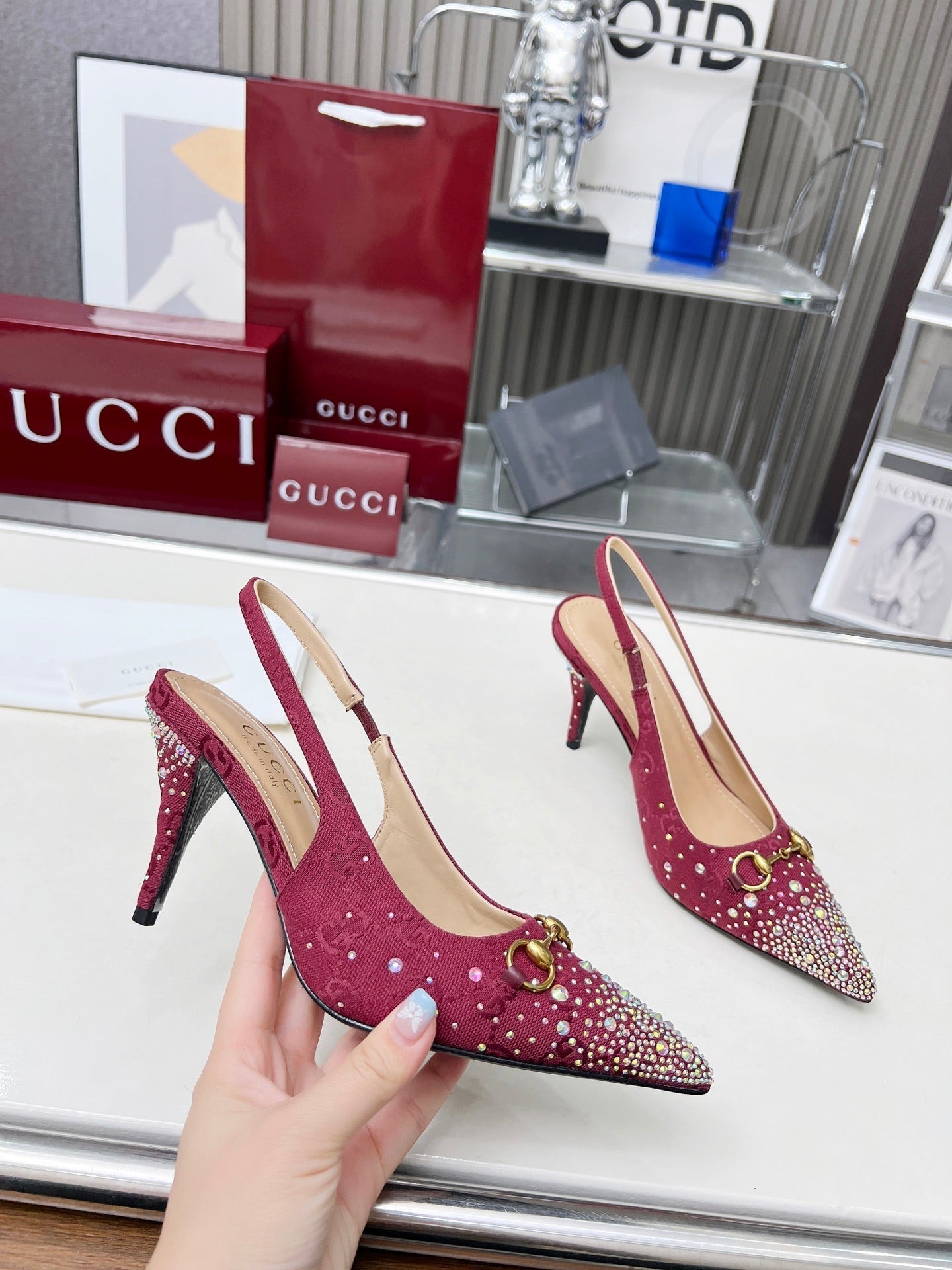 GUCCI HORSEBIT SLINGBACKS IN CHERRY RED MONOGRAM FABRIC WITH CRYSTALS