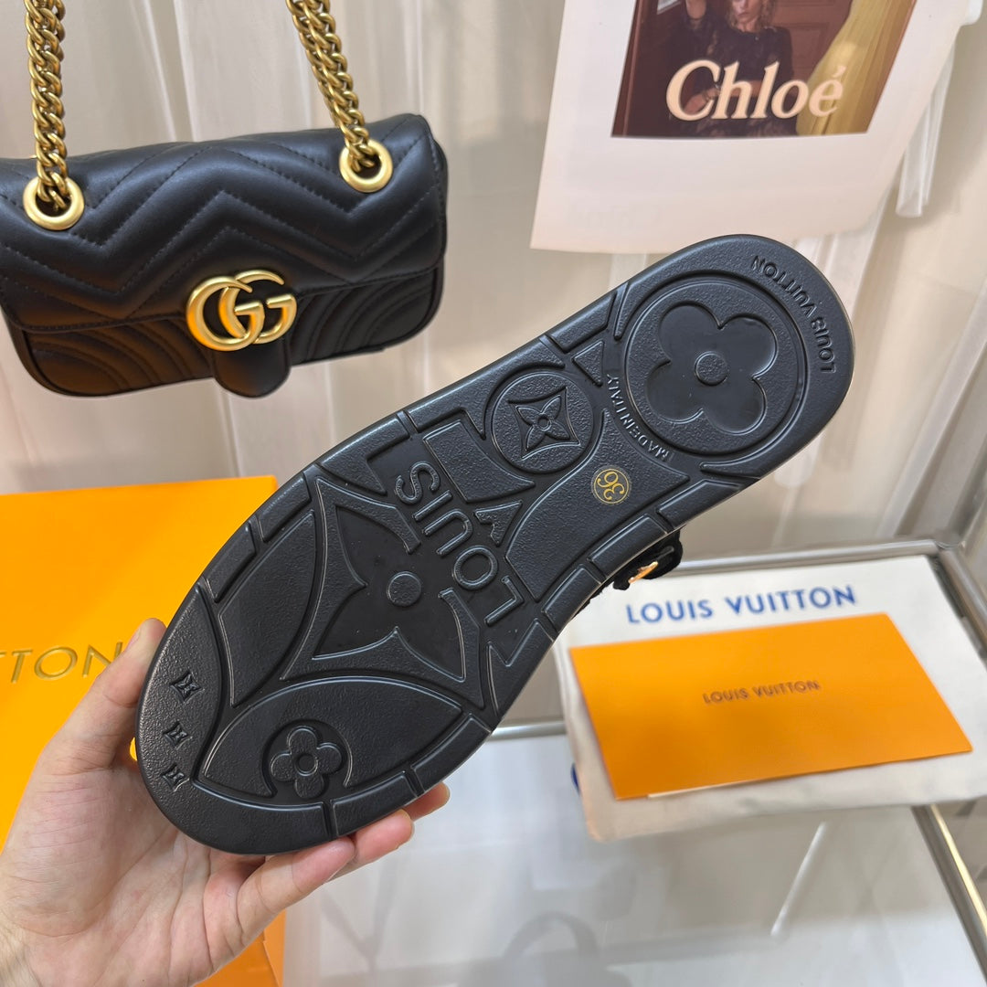 LOUIS VUITTON LV WOMEN'S COSY FLAT COMFORT CLOGS IN BLACK MONOGRAM SUEDE
