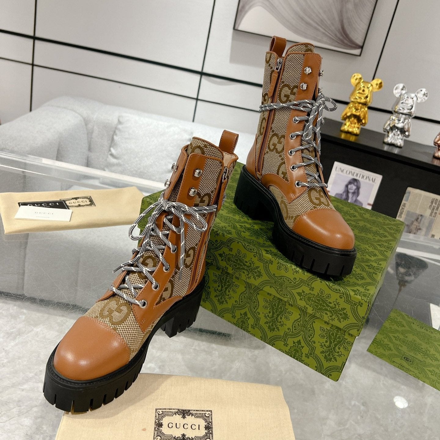 GUCCI LACE-UP SHORT BOOTS IN CINNAMON BROWN CANVAS MIX CALFSKIN