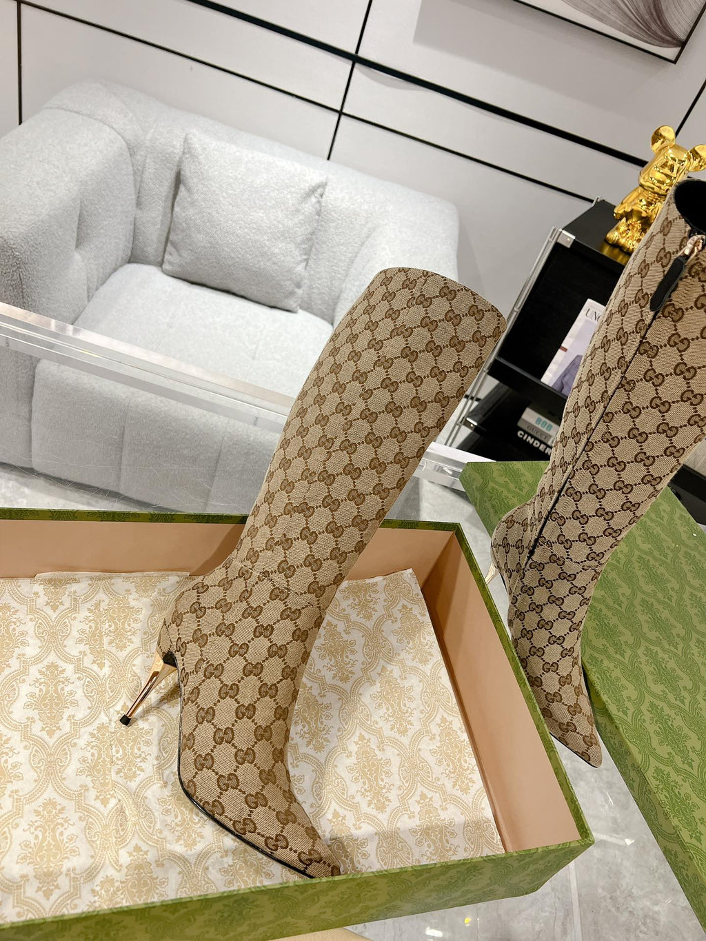 GUCCI KNEE BOOTS IN BEIGE MONOGRAM JACQUARD FABRIC AND CALFSKIN LINING