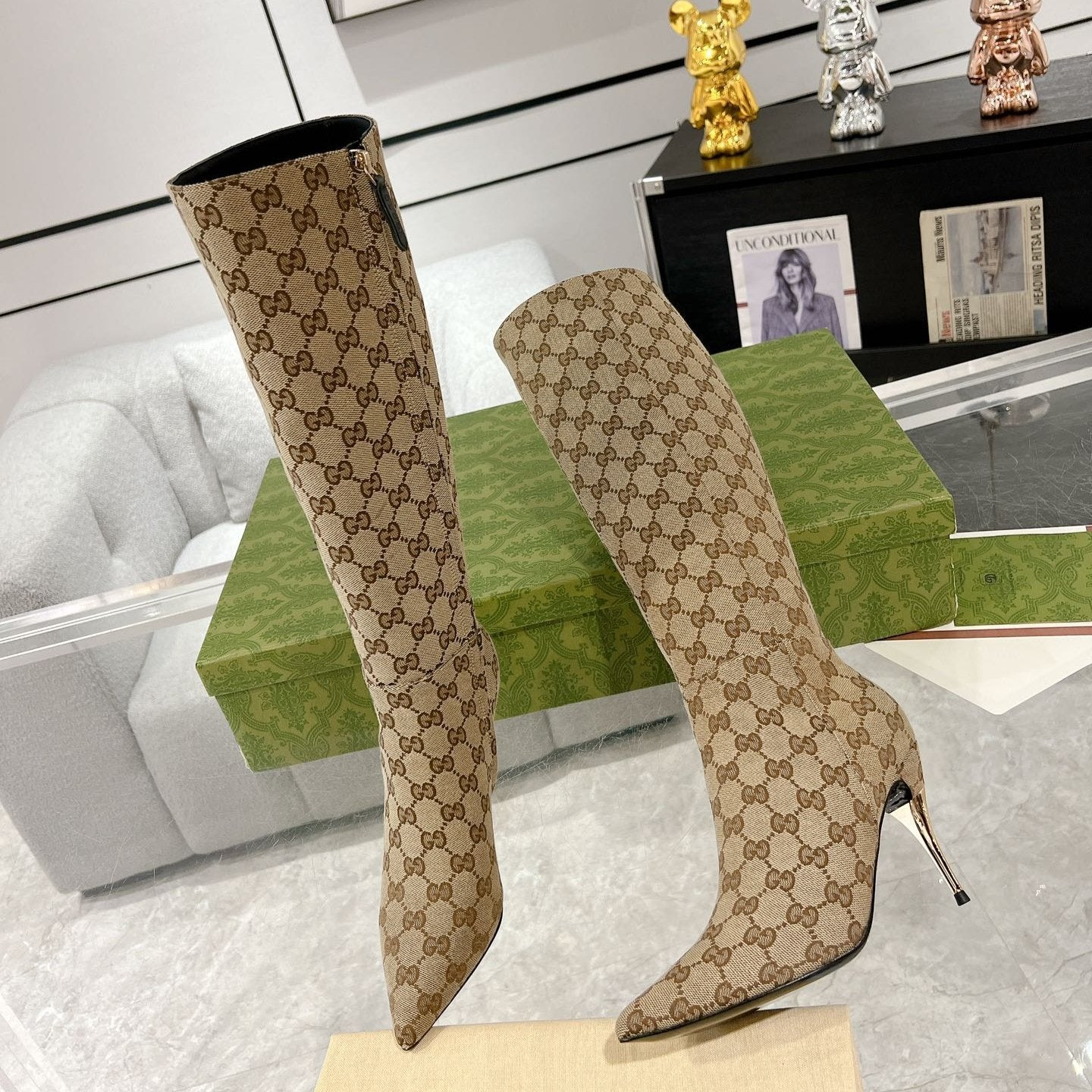 GUCCI KNEE BOOTS IN BEIGE MONOGRAM JACQUARD FABRIC AND CALFSKIN LINING