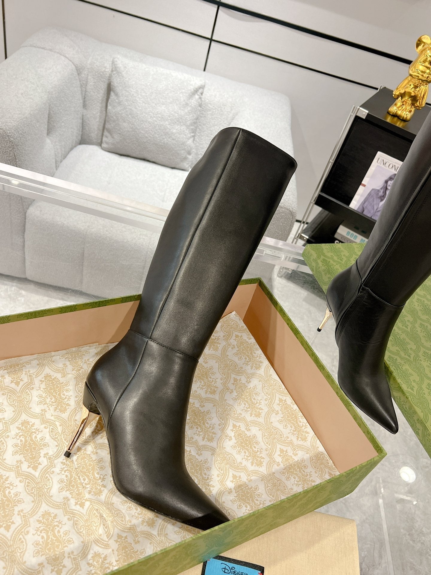 GUCCI KNEE BOOTS IN BLACK CALFSKIN WITH GOLD PLATED HEEL