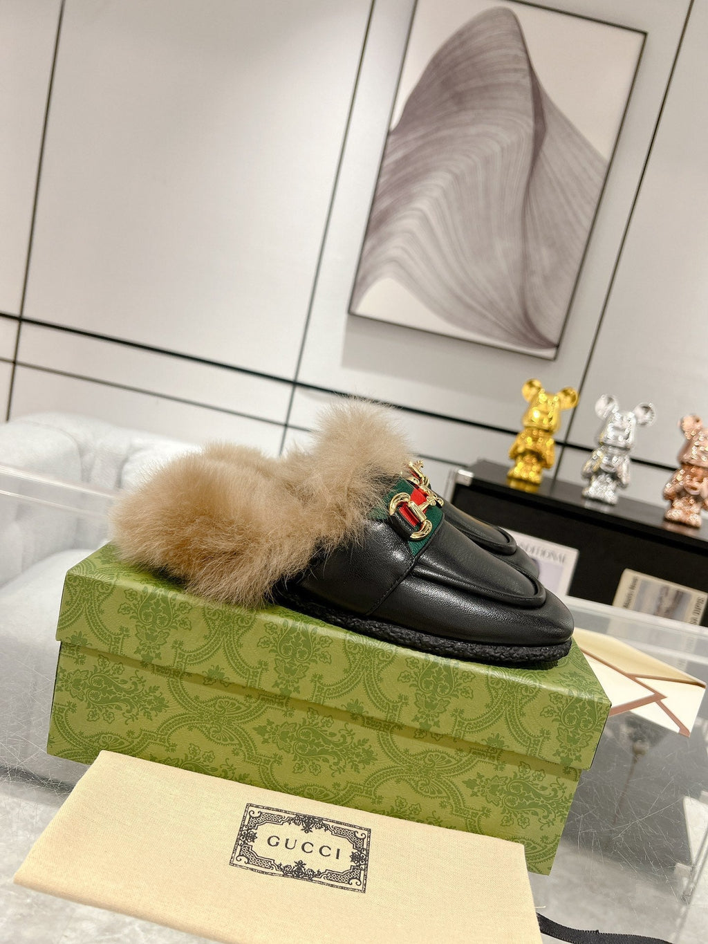 GUCCI HORSEBIT MULE WITH WEB IN BLACK CALFSKIN MIX MINK FUR