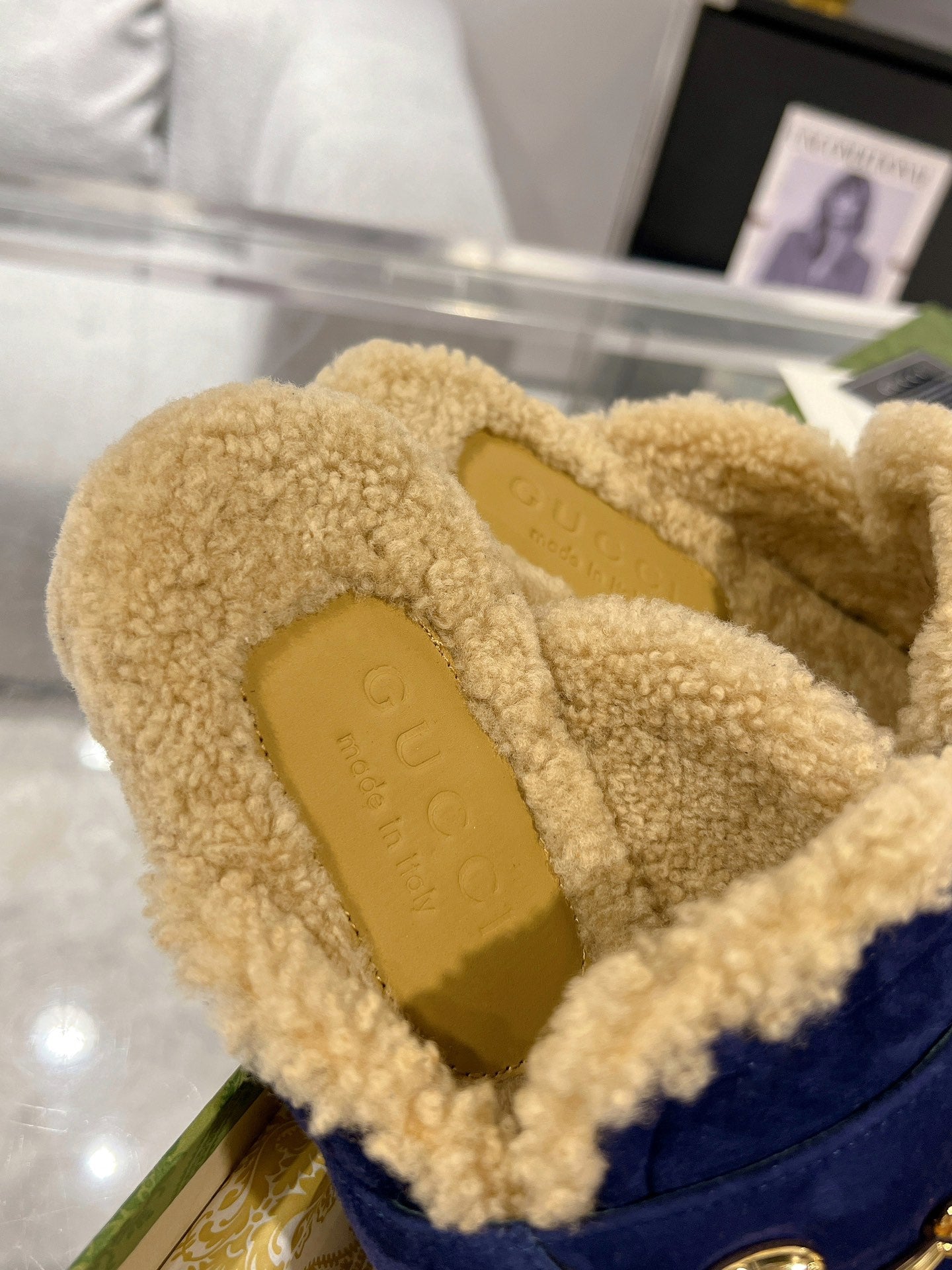 GUCCI HORSEBIT MULE IN ROYAL BLUE SUEDE AND FLEECE LINING