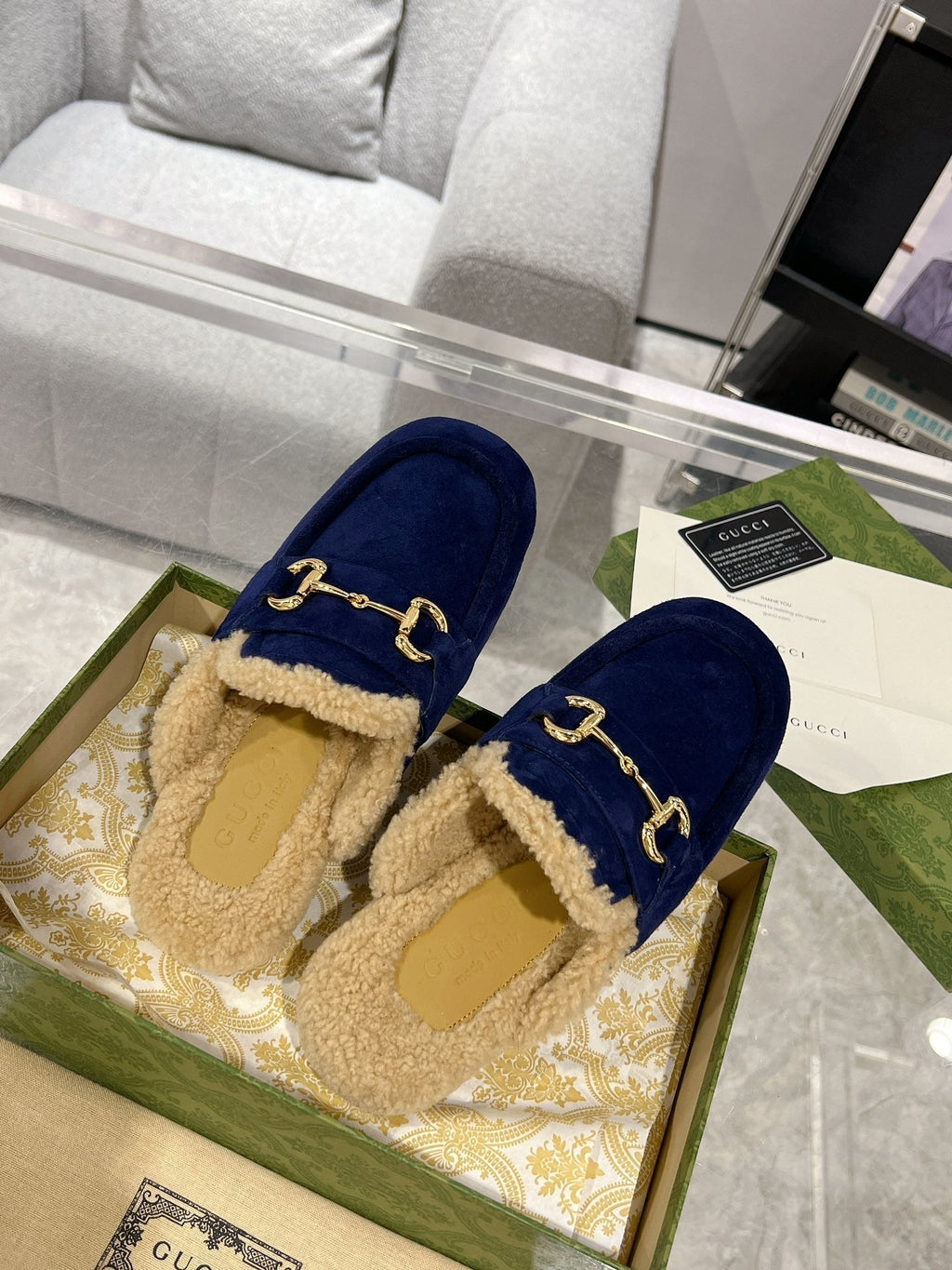 GUCCI HORSEBIT MULE IN ROYAL BLUE SUEDE AND FLEECE LINING
