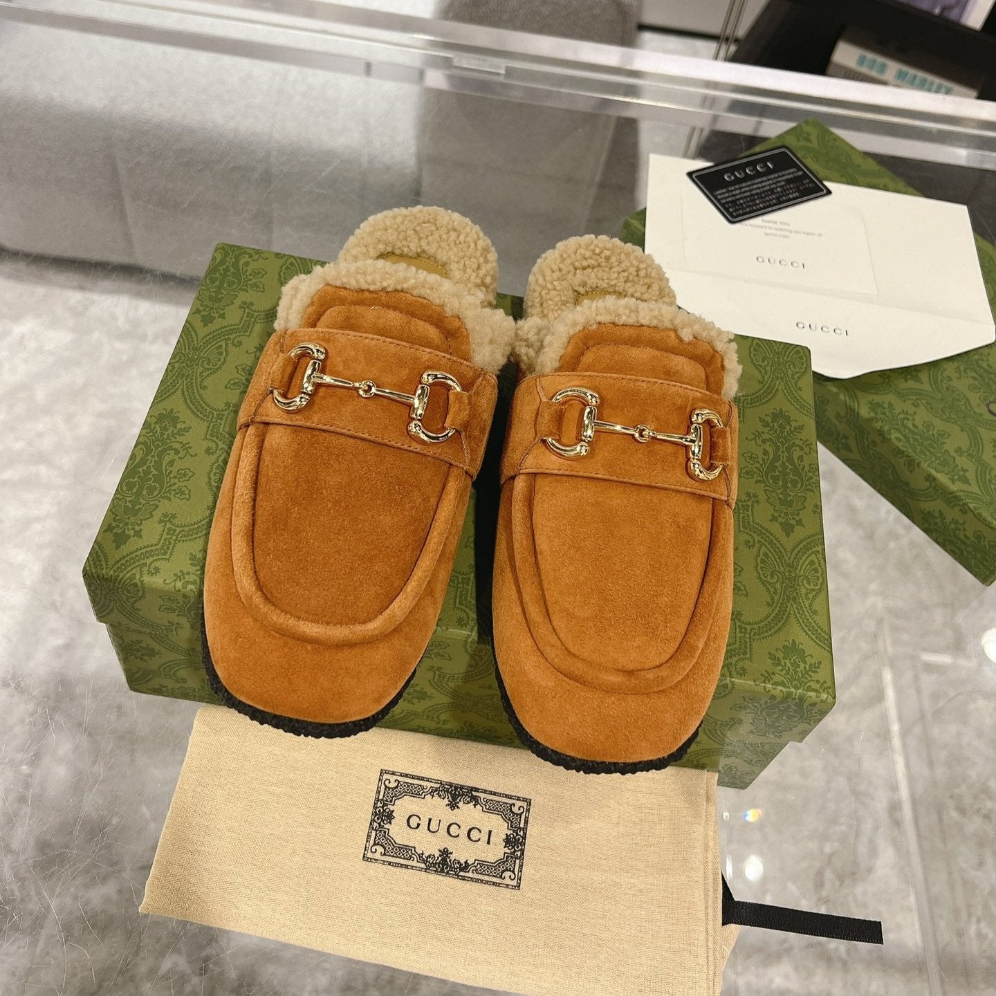 GUCCI HORSEBIT MULE IN BRONZE ORANGE SUEDE AND FLEECE LINING