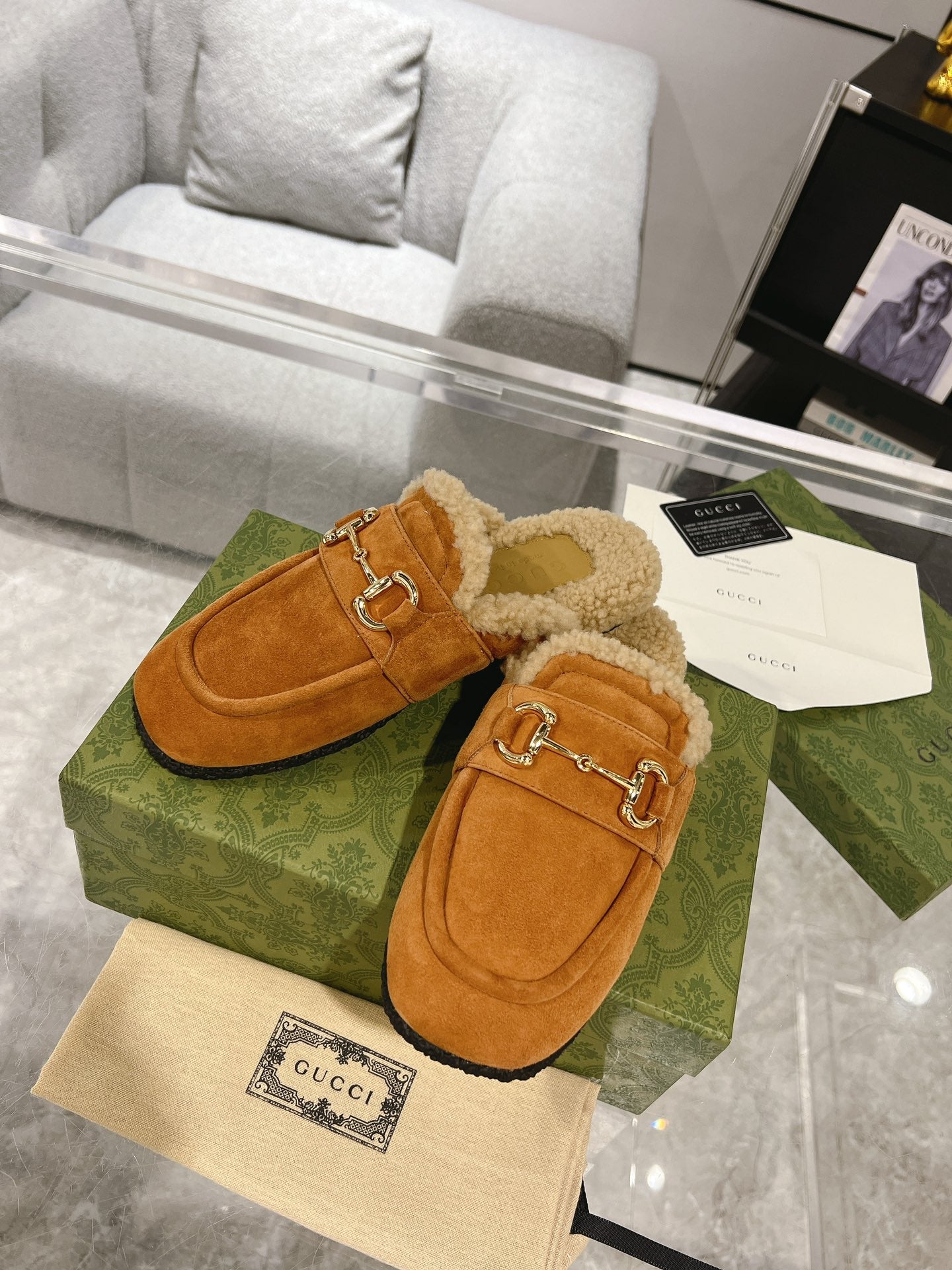 GUCCI HORSEBIT MULE IN BRONZE ORANGE SUEDE AND FLEECE LINING