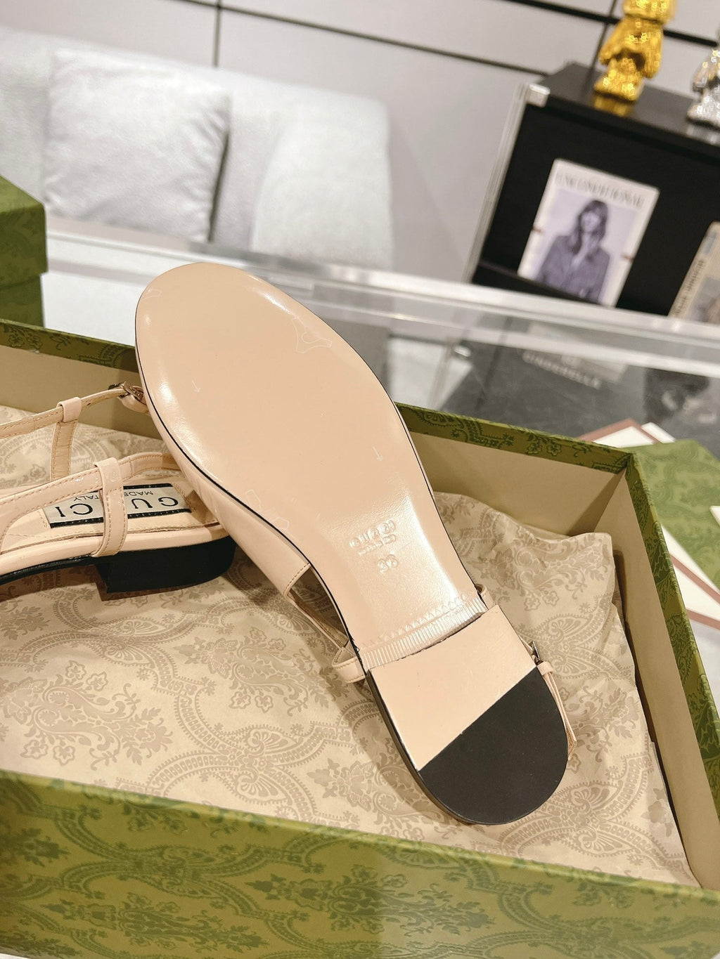 GUCCI METALIC SLINGBACK FLATS IN TAN BEIGE CALFSKIN