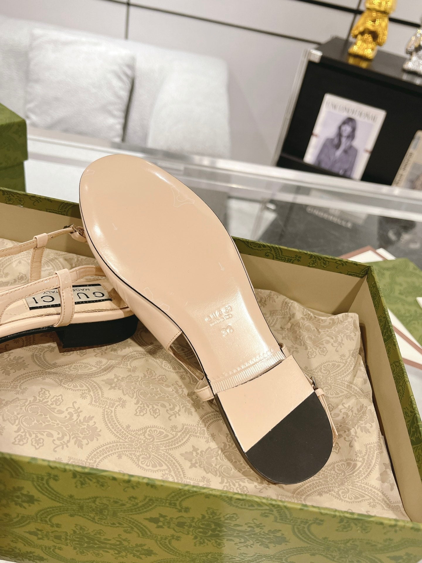 GUCCI METALIC SLINGBACK FLATS IN TAN BEIGE CALFSKIN