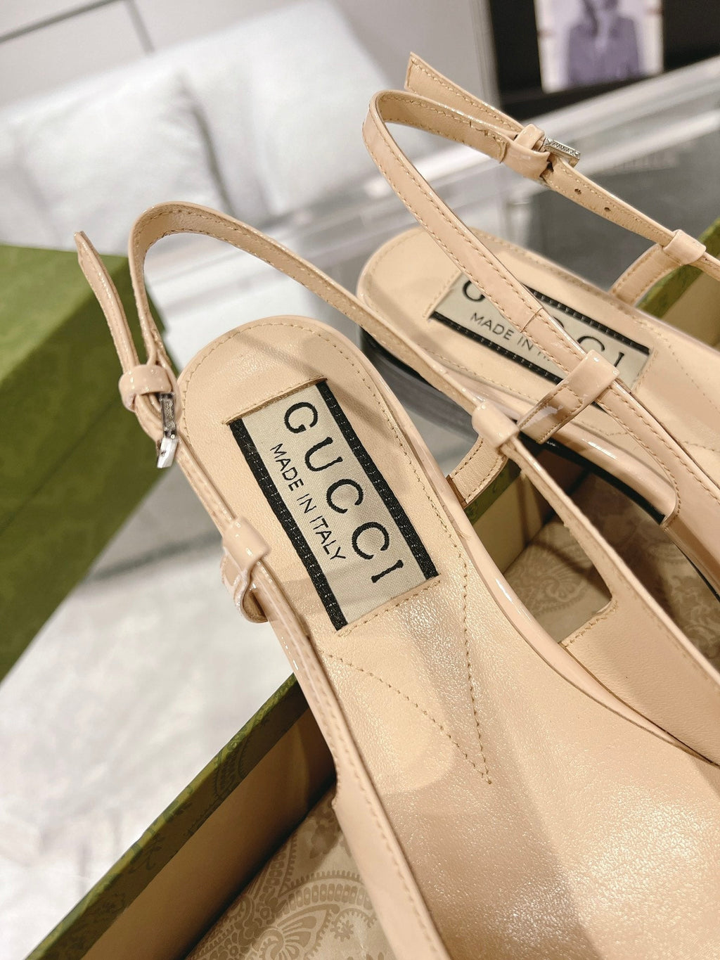 GUCCI METALIC SLINGBACK FLATS IN TAN BEIGE CALFSKIN