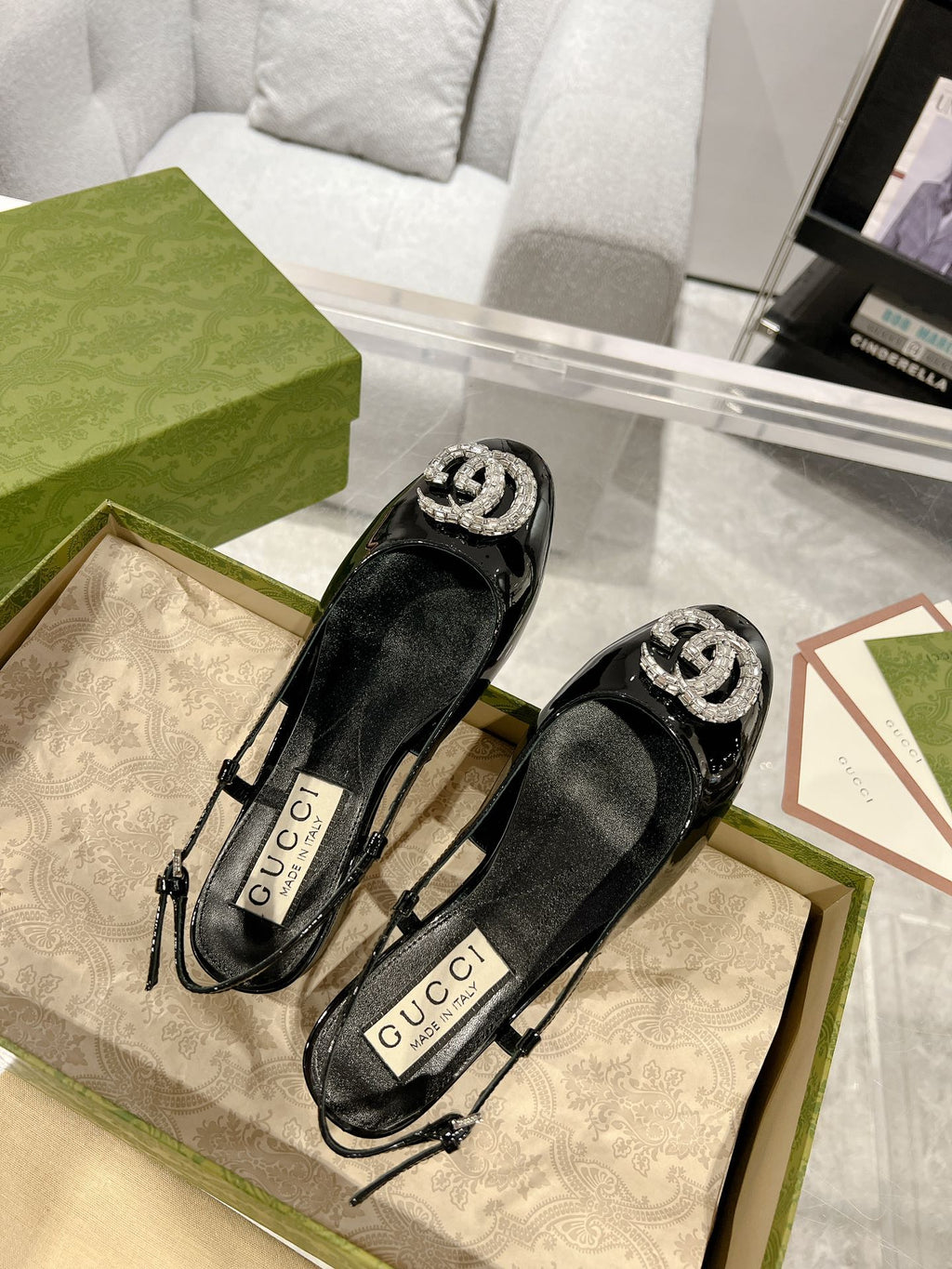 GUCCI METALIC SLINGBACK FLATS IN BLACK CALFSKIN