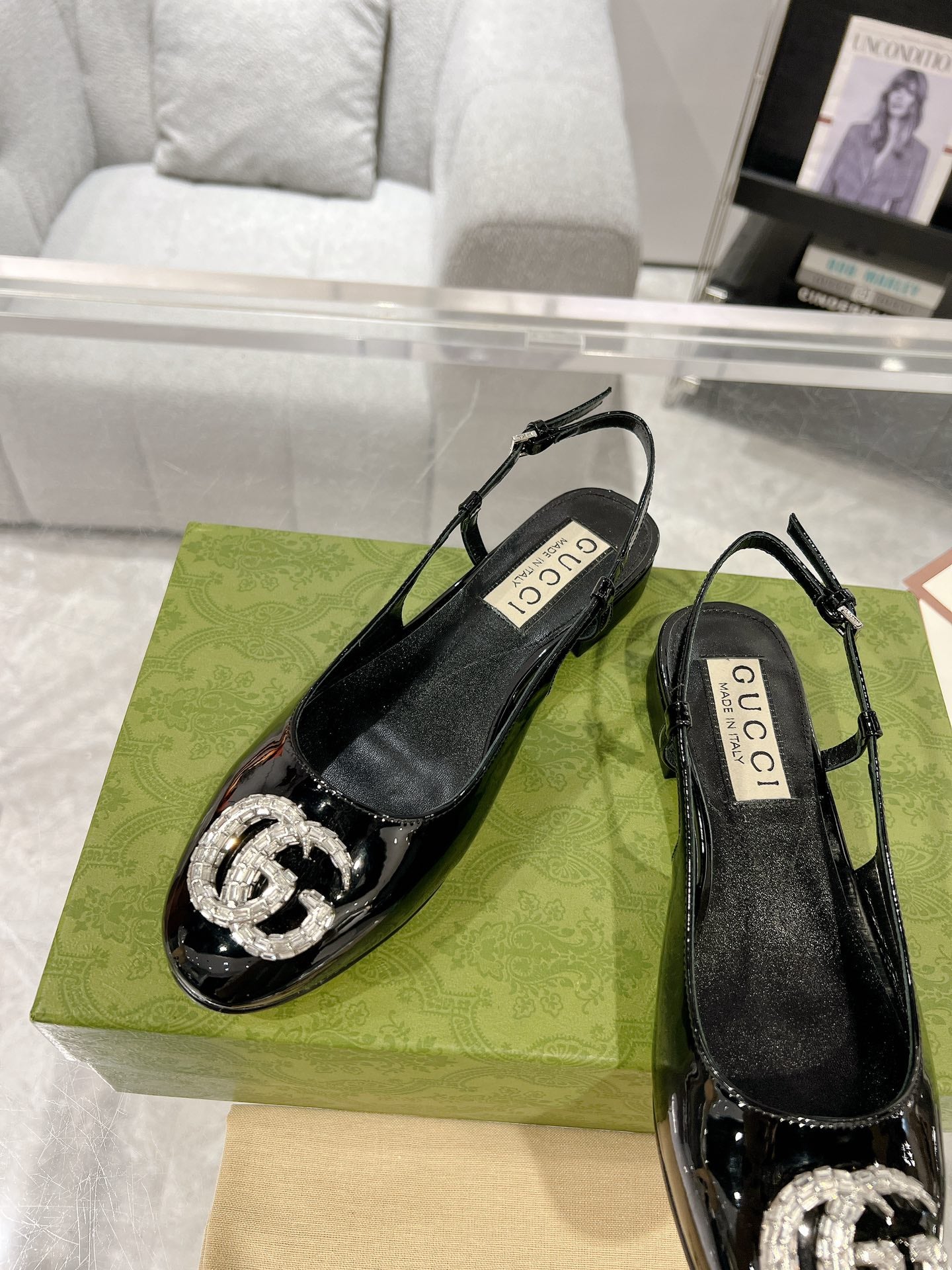 GUCCI CRYSTALS SLINGBACK BALLET BLACK CALFSKIN