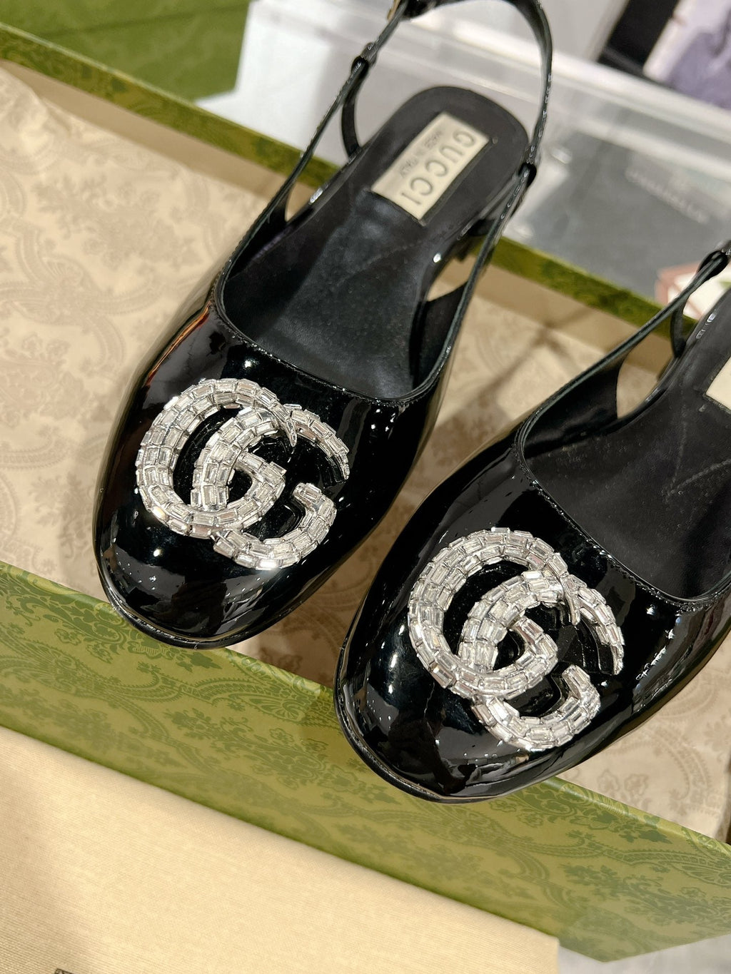 GUCCI CRYSTALS SLINGBACK BALLET BLACK CALFSKIN