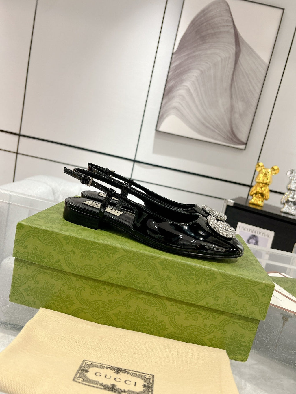 GUCCI METALIC SLINGBACK FLATS IN BLACK CALFSKIN