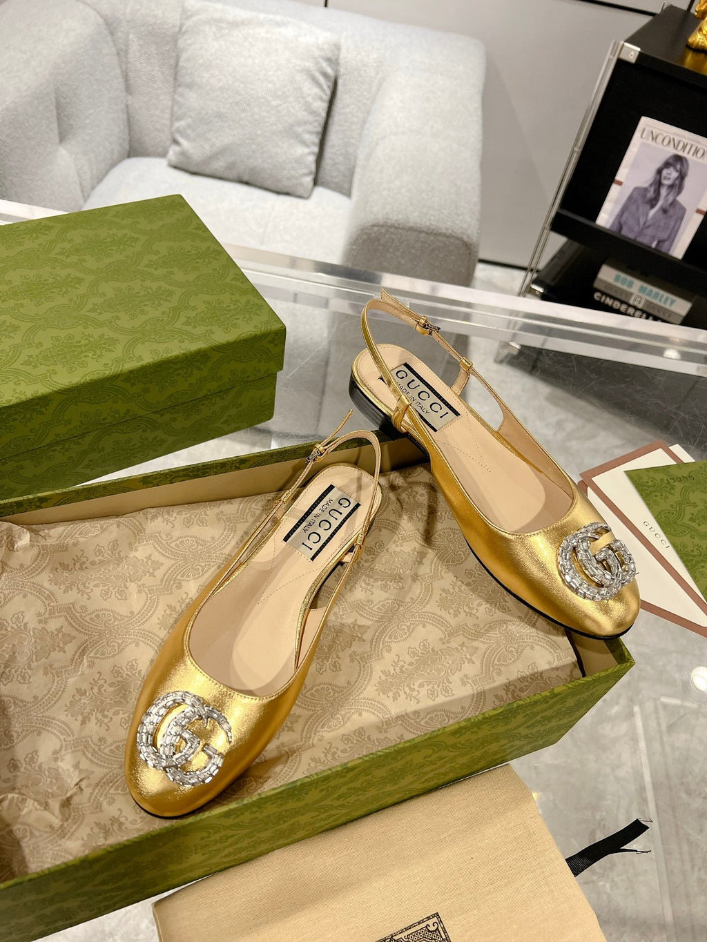 GUCCI CRYSTALS SLINGBACK BALLET METALLIC GOLD CALFSKIN