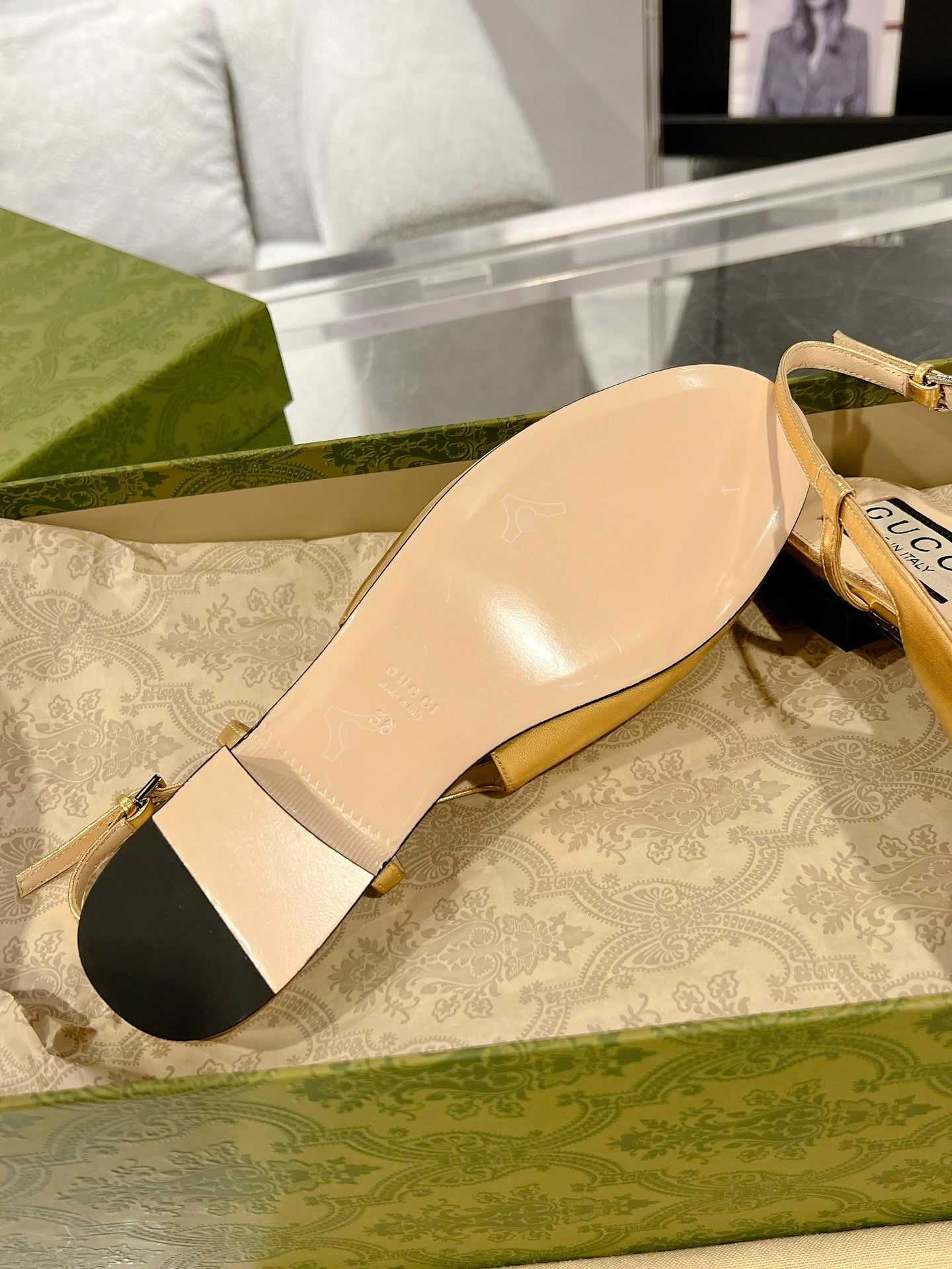 GUCCI CRYSTALS SLINGBACK BALLET METALLIC GOLD CALFSKIN