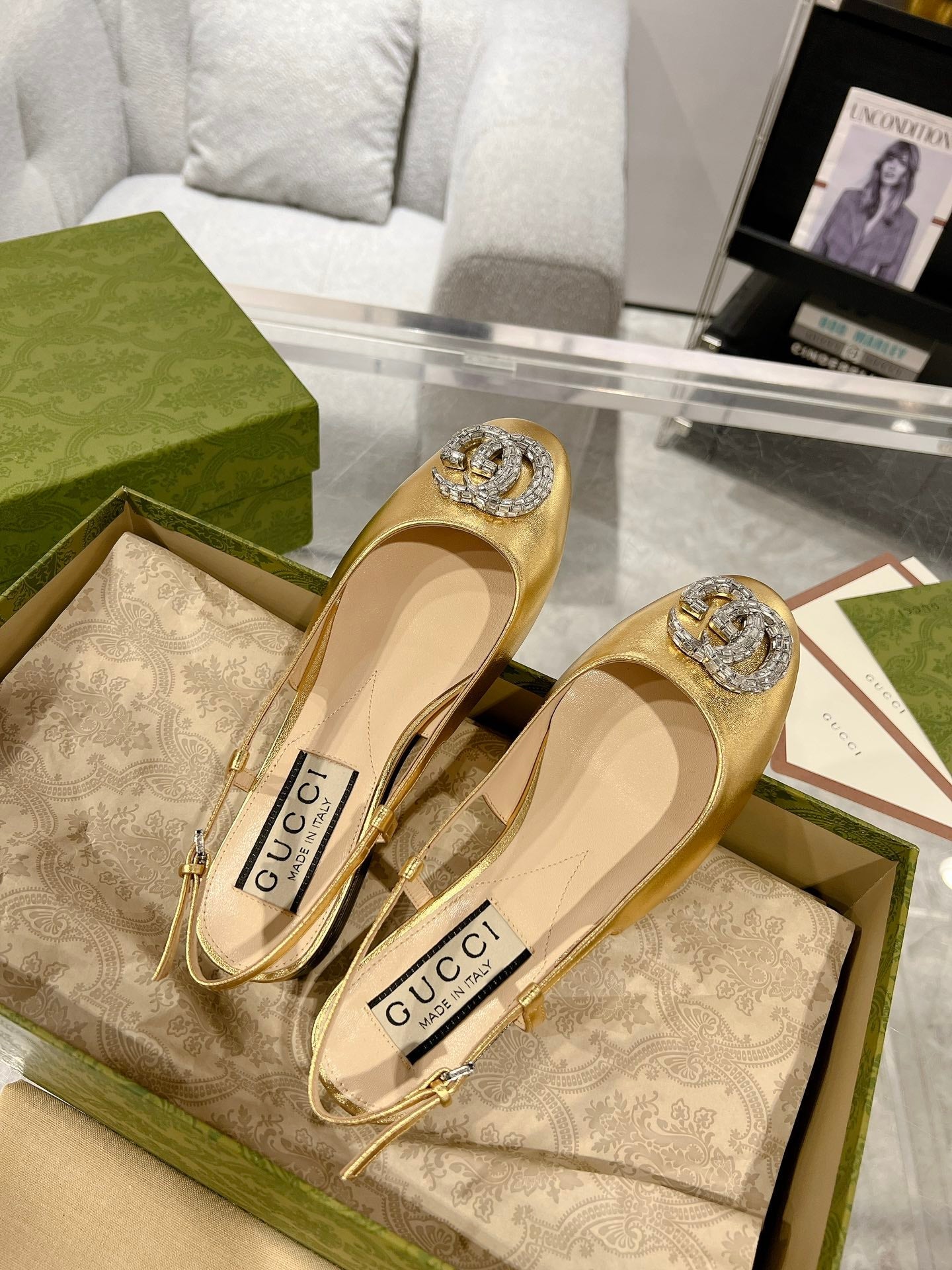 GUCCI CRYSTALS SLINGBACK BALLET METALLIC GOLD CALFSKIN