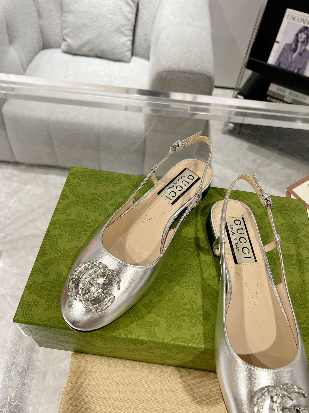 GUCCI CRYSTALS SLINGBACK BALLET SILVER CALFSKIN