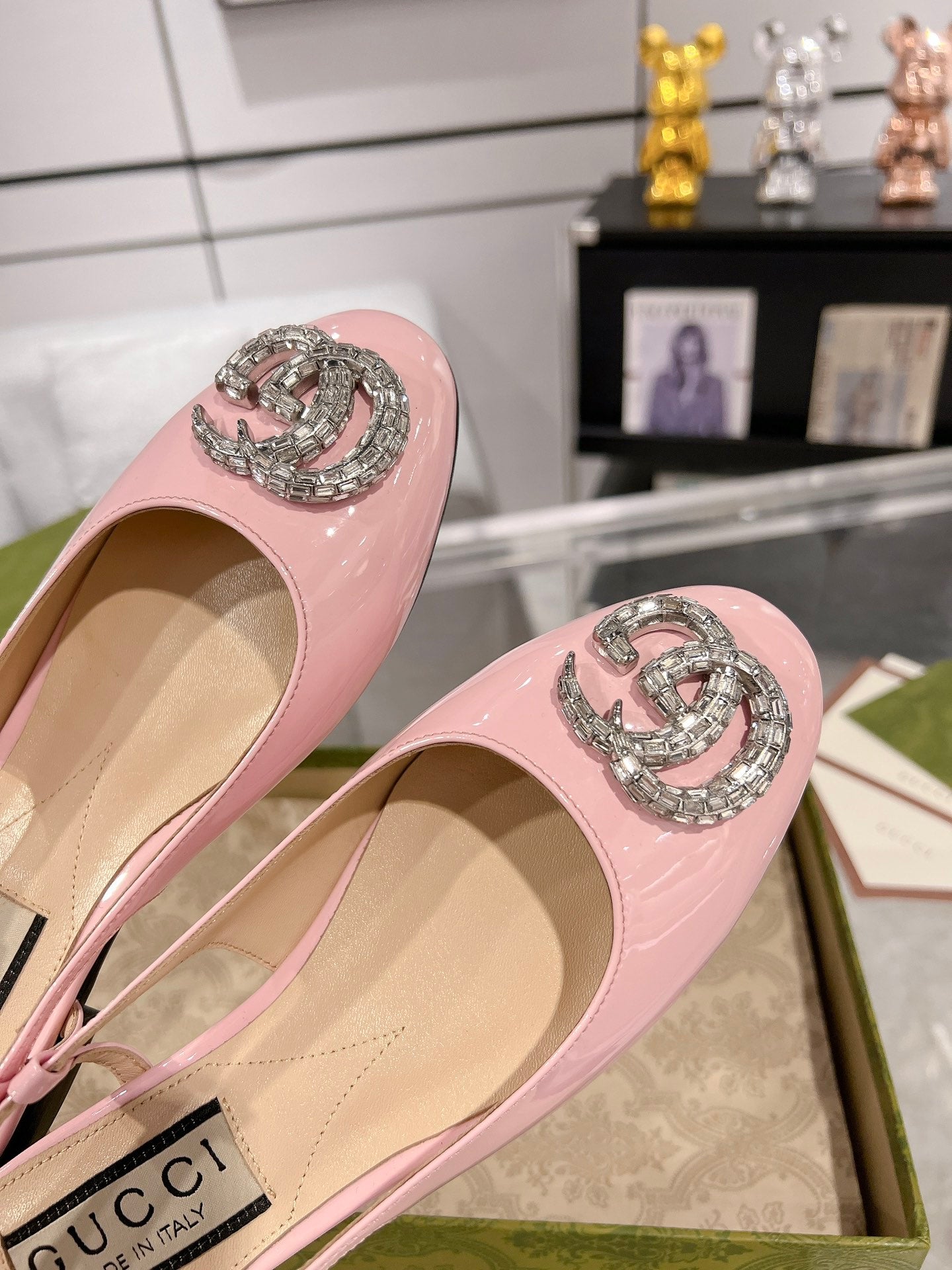 GUCCI CRYSTALS SLINGBACK BALLET LIGHT PINK CALFSKIN