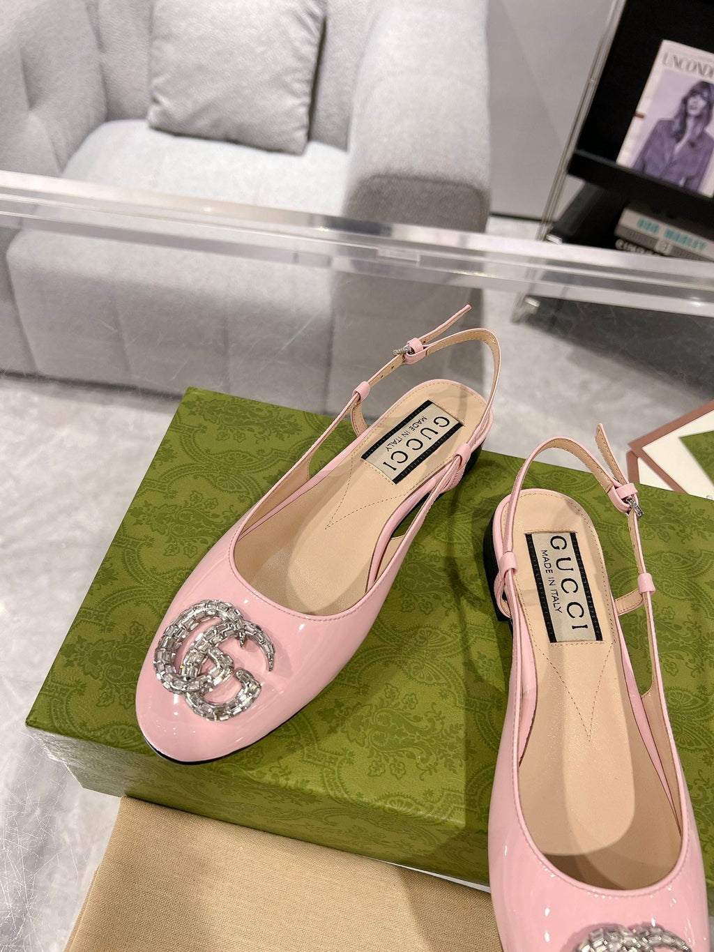 GUCCI METALIC SLINGBACK FLATS IN ROSE PINK CALFSKIN